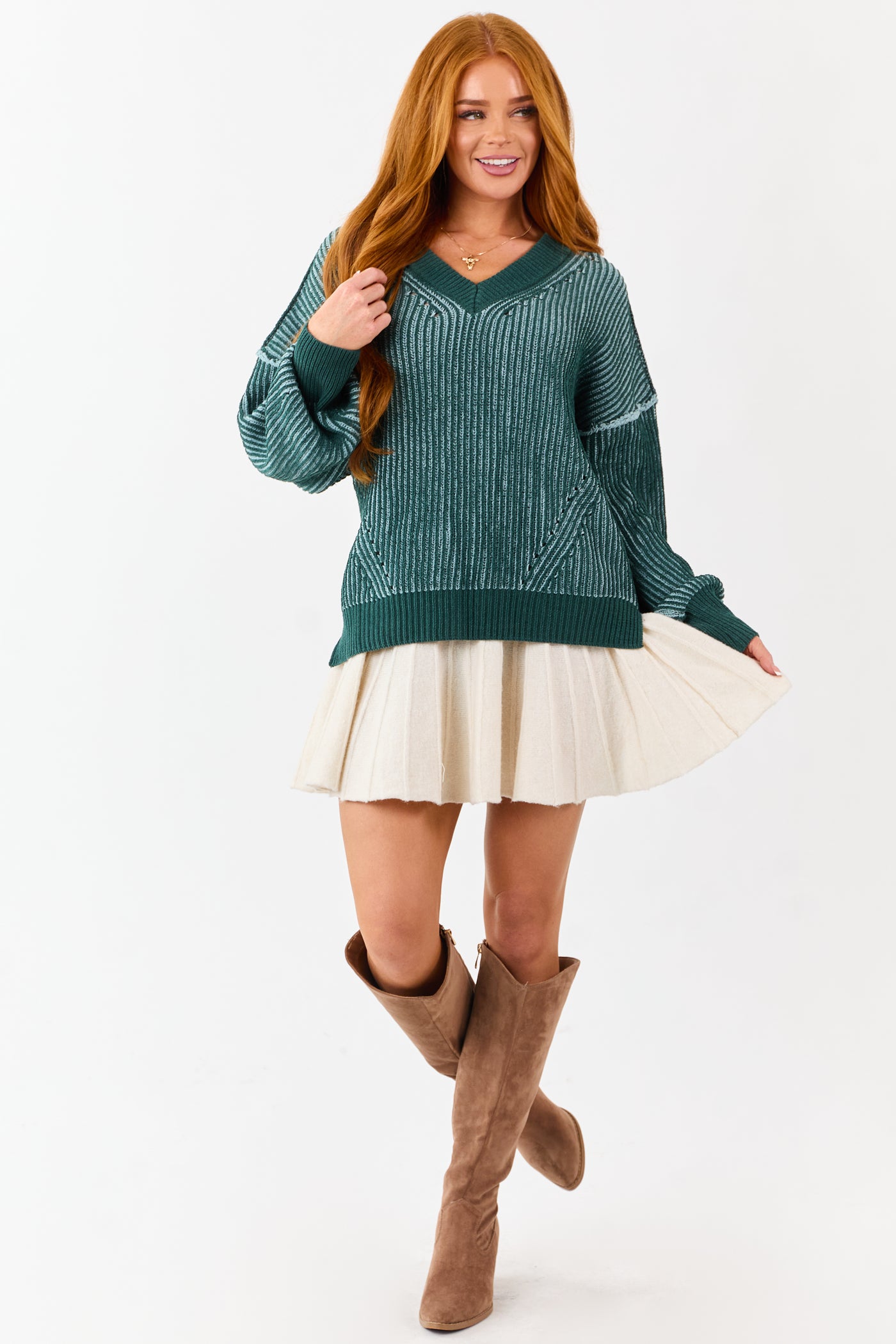 Pine and Mint Two Tone Ribbed Knit Sweater
