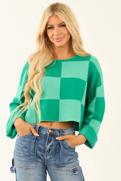 トップス S.E.H KELLY Kelly Green and Sage Checkered Long Sleeve Cropped Sweater