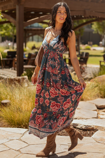 Pine Floral Print V Neck Sleeveless Maxi Dress