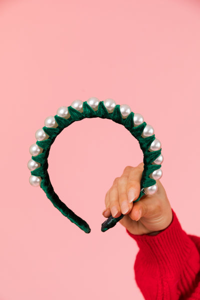 Pine Green Velvet and Pearl Arch Headband
