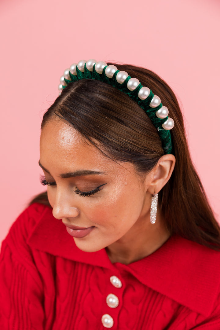 Pine Green Velvet and Pearl Arch Headband