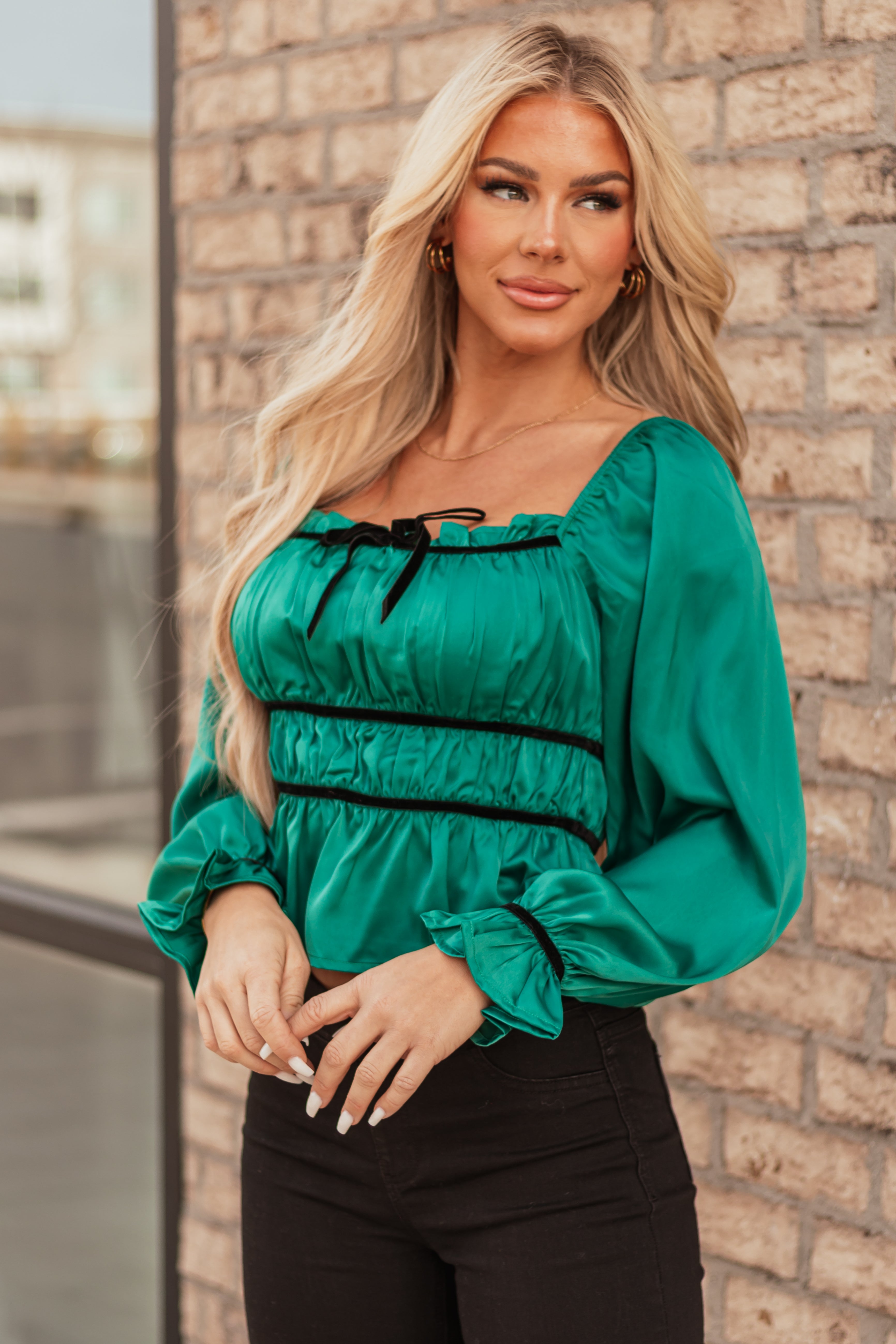 Pine Ruched Peplum Long Sleeve Satin Top | Lime Lush Boutique