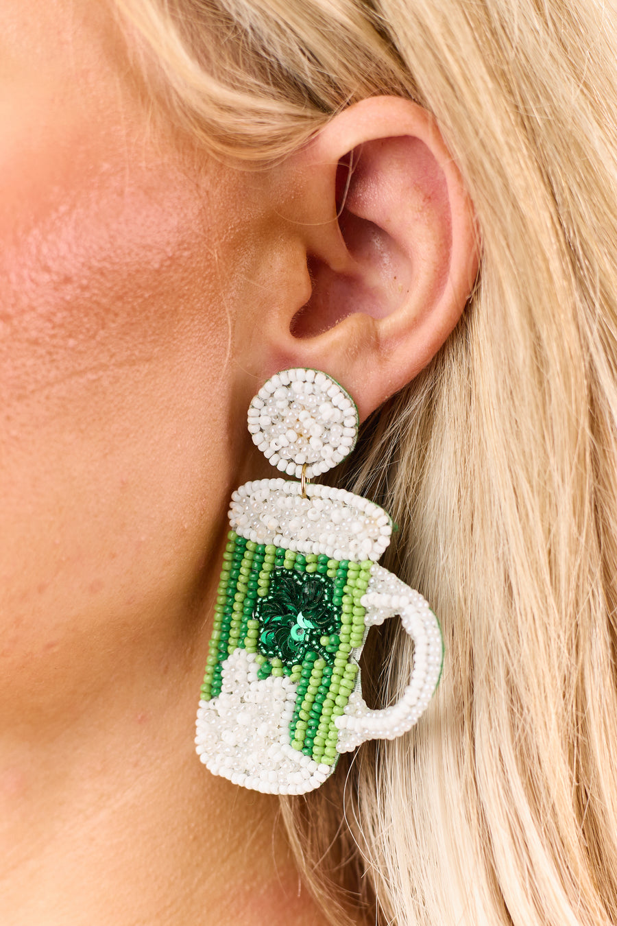 Pine St Patty's Day Shamrock Mug Beaded Earrings