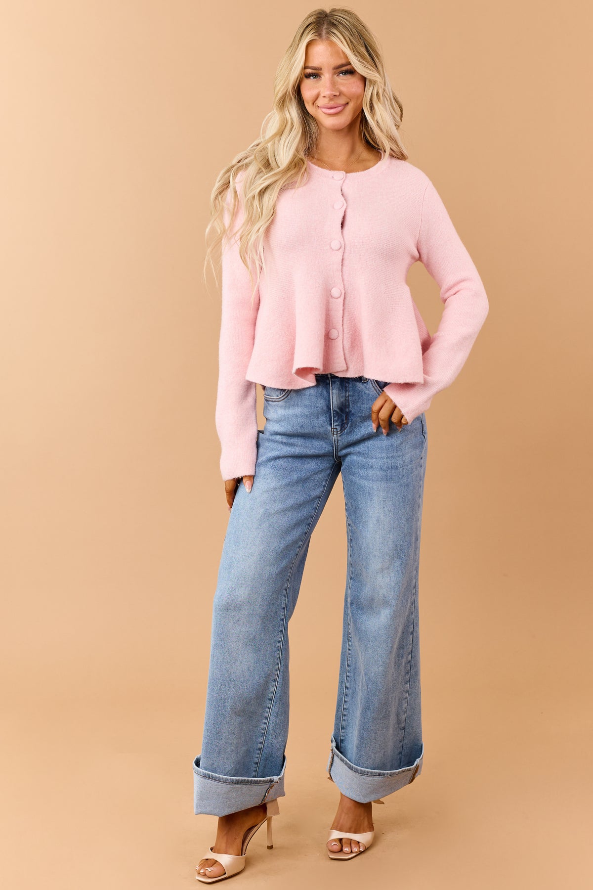 Pink Blossom Button Down Peplum Sweater Cardigan