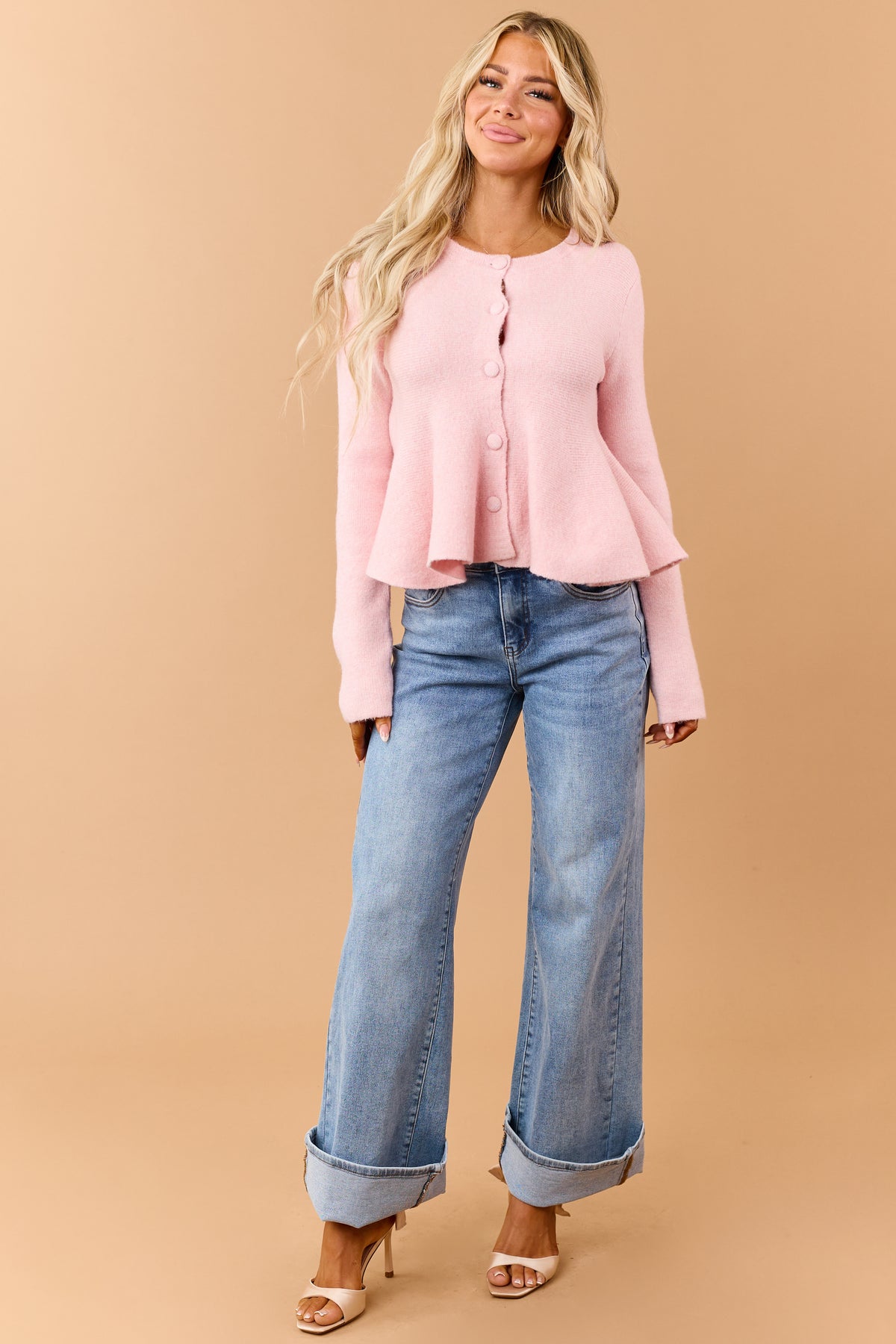 Pink Blossom Button Down Peplum Sweater Cardigan