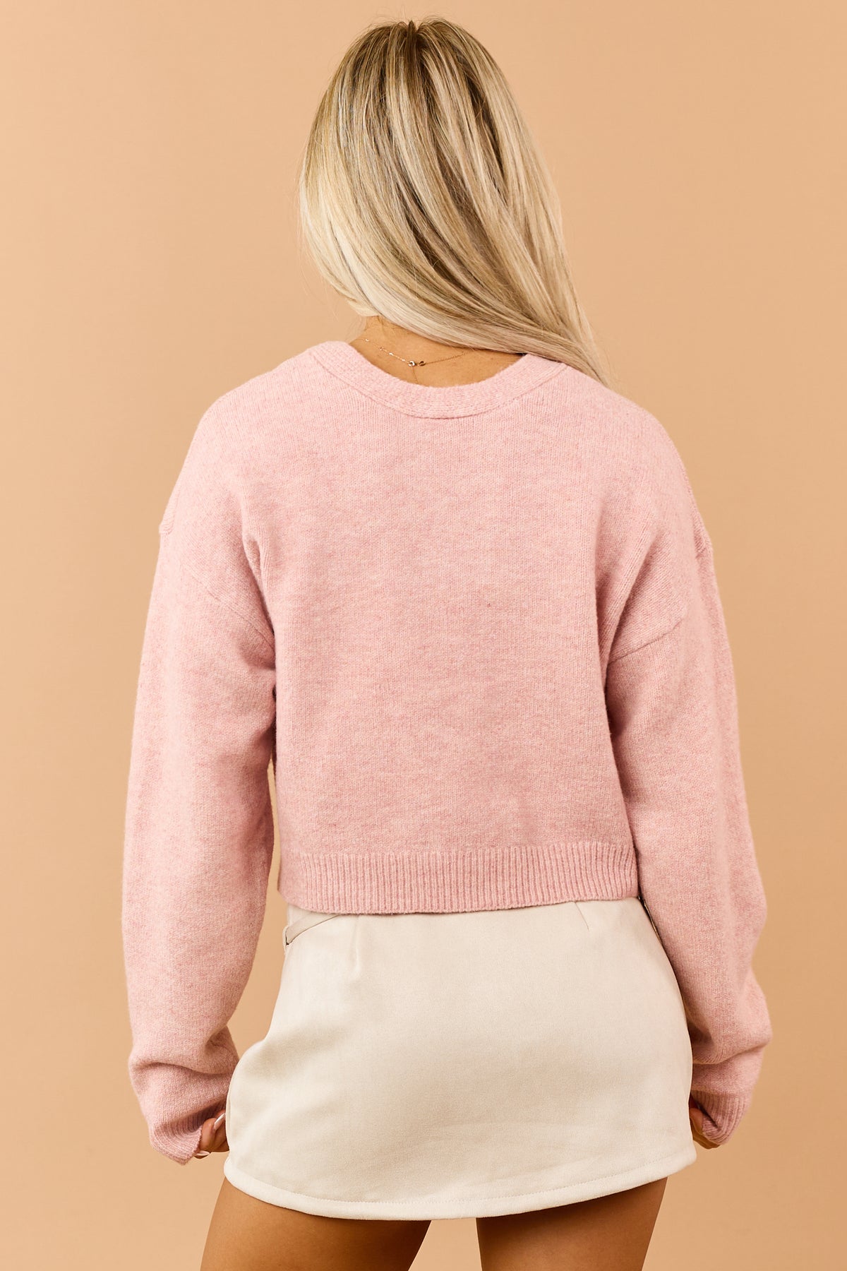 Pink Blossom Rib Knit Open Bow Tie Design Sweater