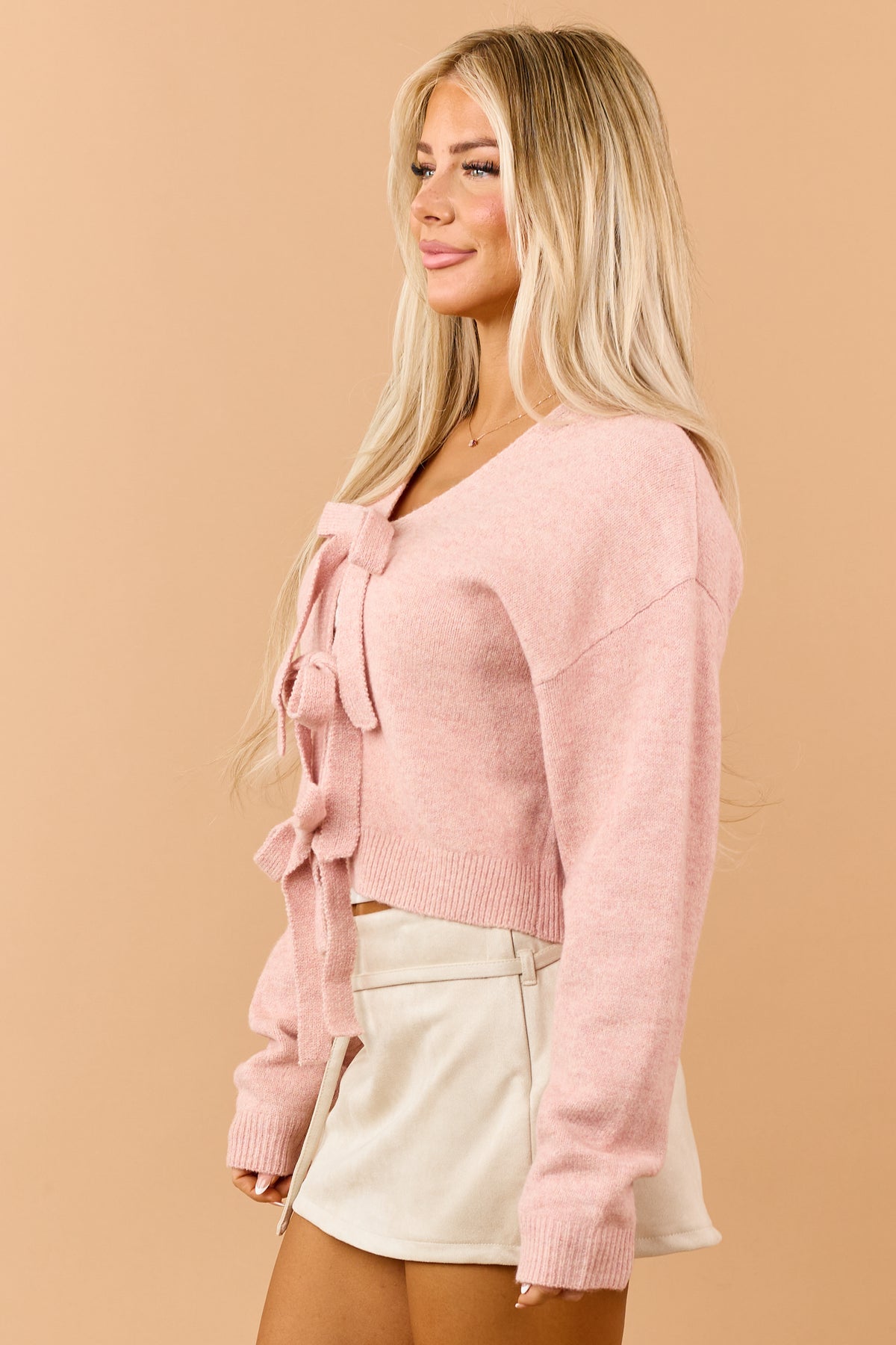 Pink Blossom Rib Knit Open Bow Tie Design Sweater