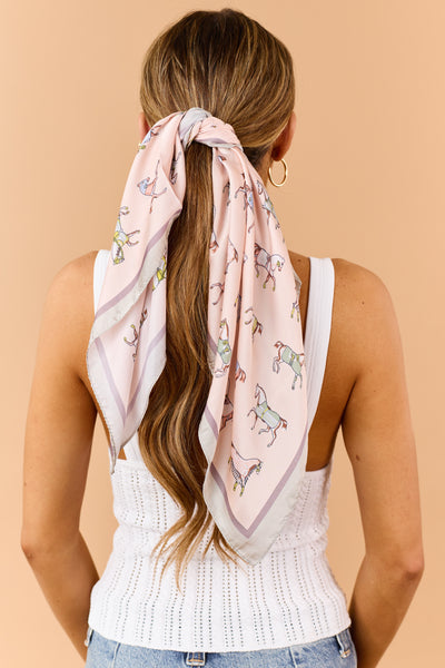 Pink Blossom Satin Horse Pattern Bandana Scarf