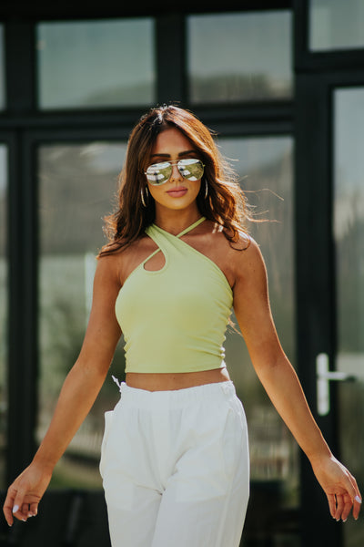 Pistachio Asymmetrical Neck Ribbed Tank Top