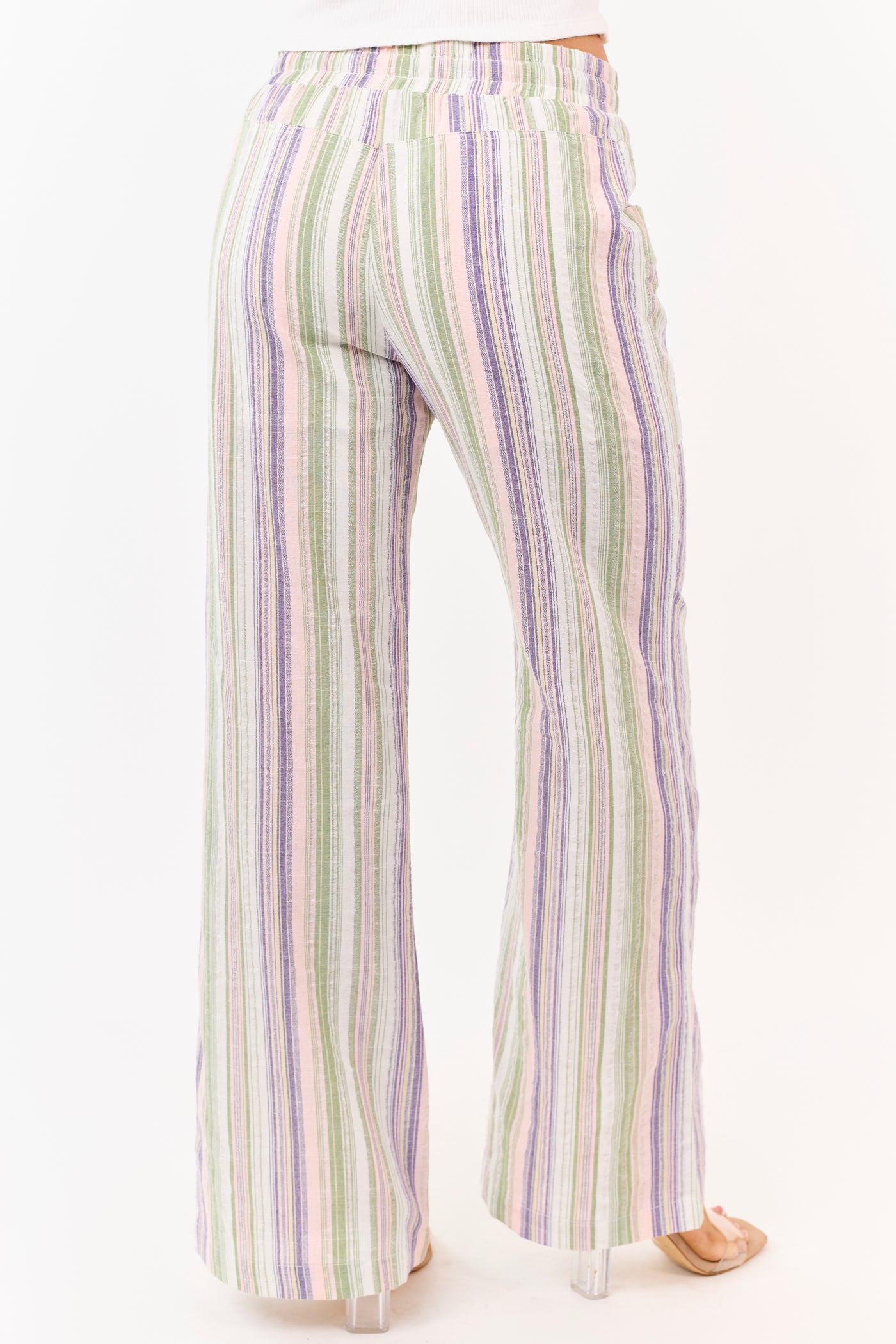Pistachio Cotton Striped Elastic Waist Wide Leg Pants