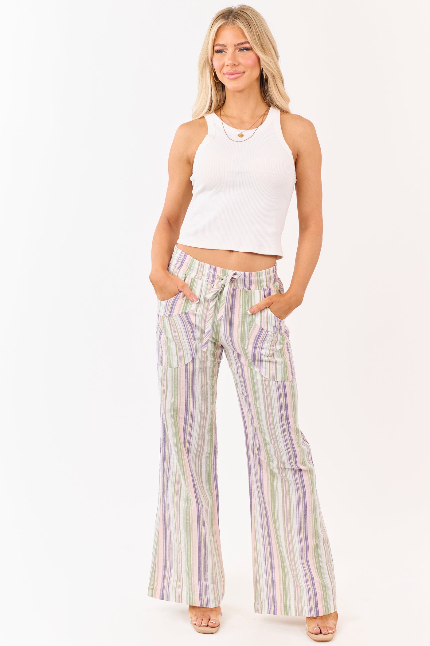 Pistachio Cotton Striped Elastic Waist Wide Leg Pants