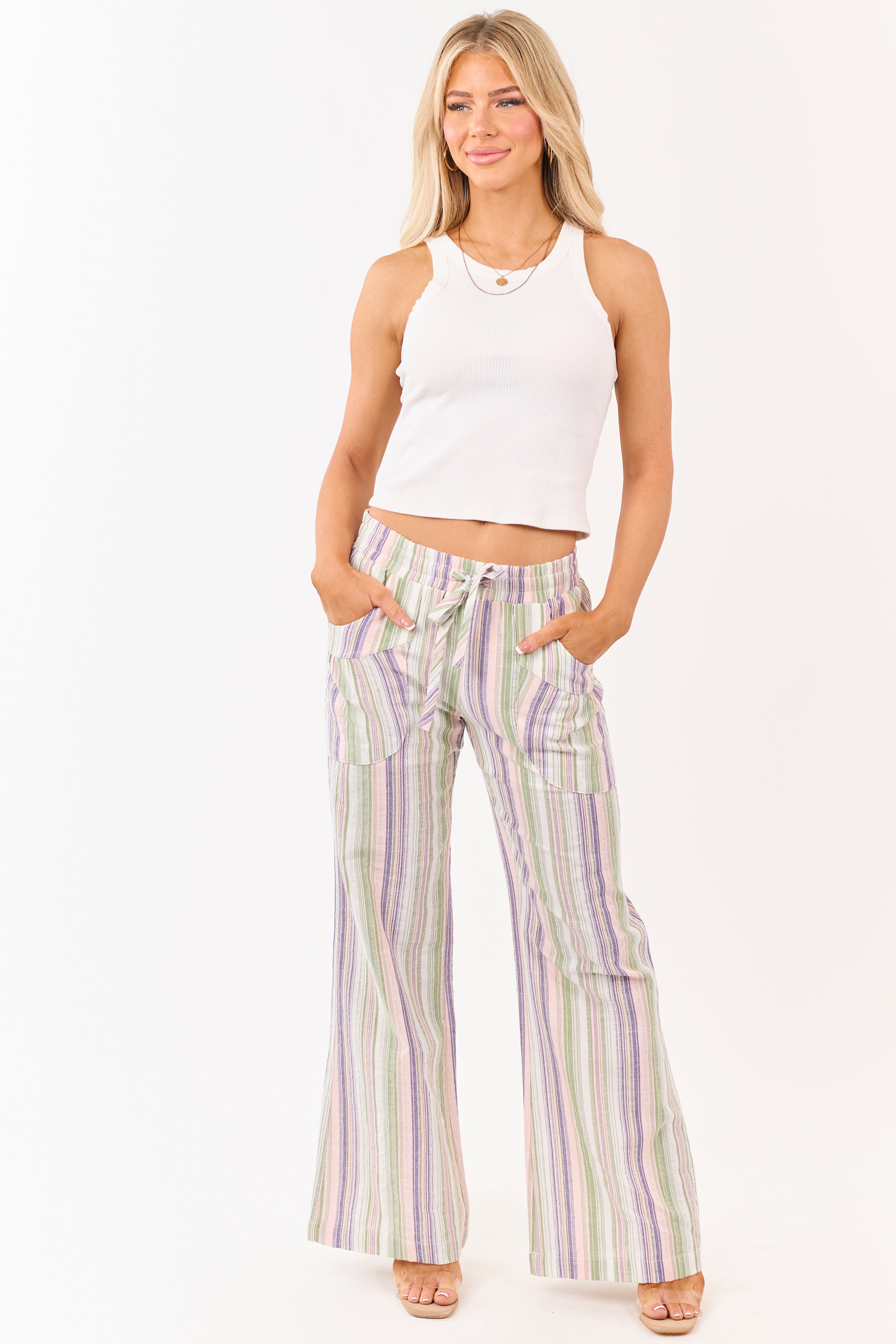 Pistachio Cotton Striped Elastic Waist Wide Leg Pants