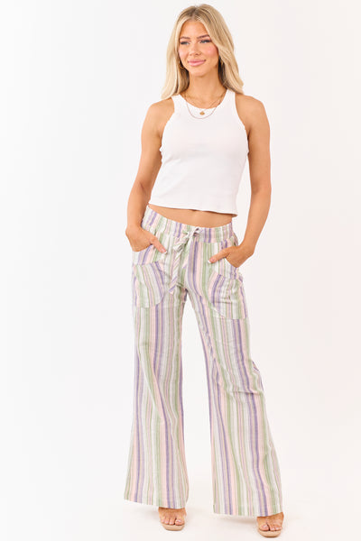 Pistachio Cotton Striped Elastic Waist Wide Leg Pants