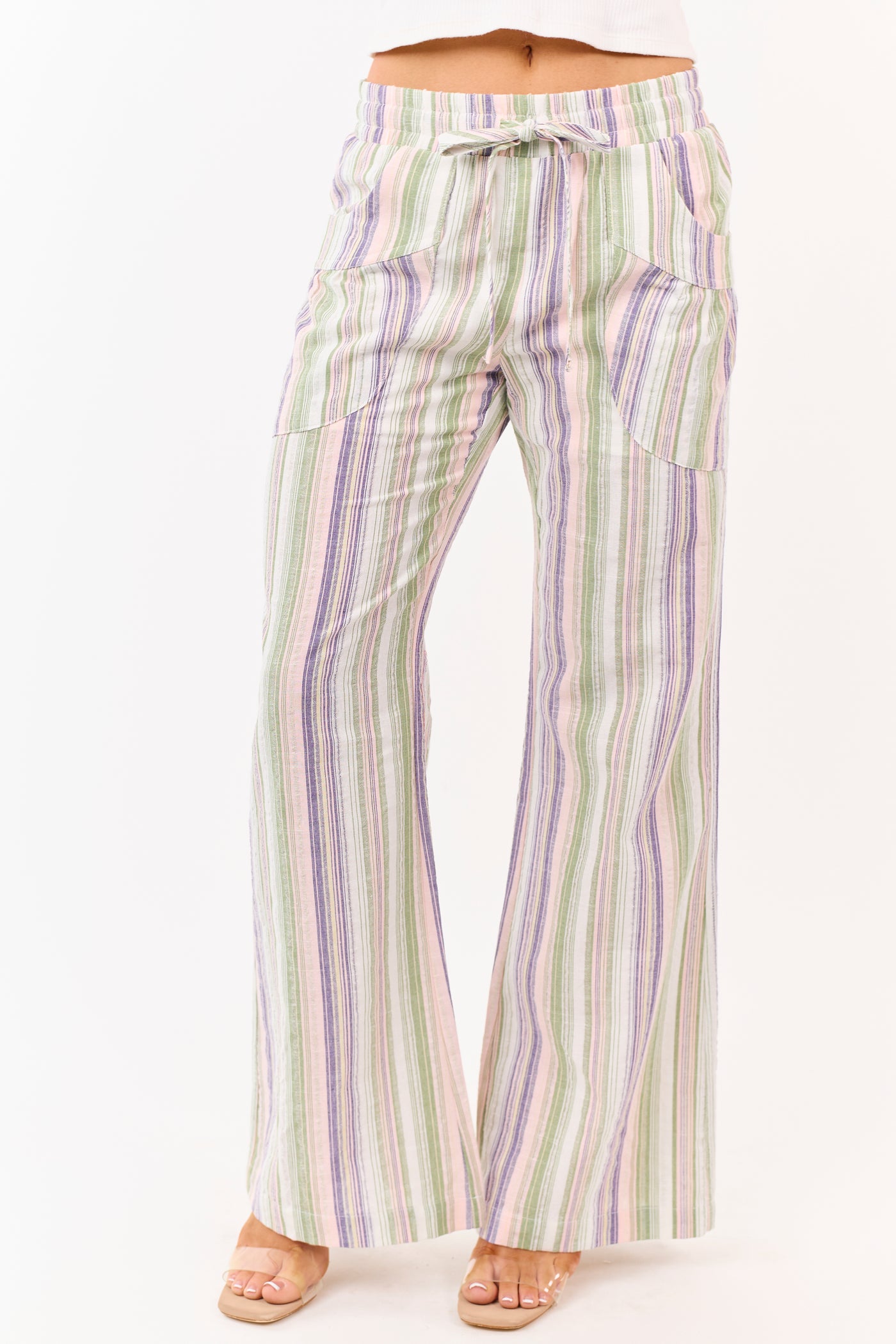 Pistachio Cotton Striped Elastic Waist Wide Leg Pants