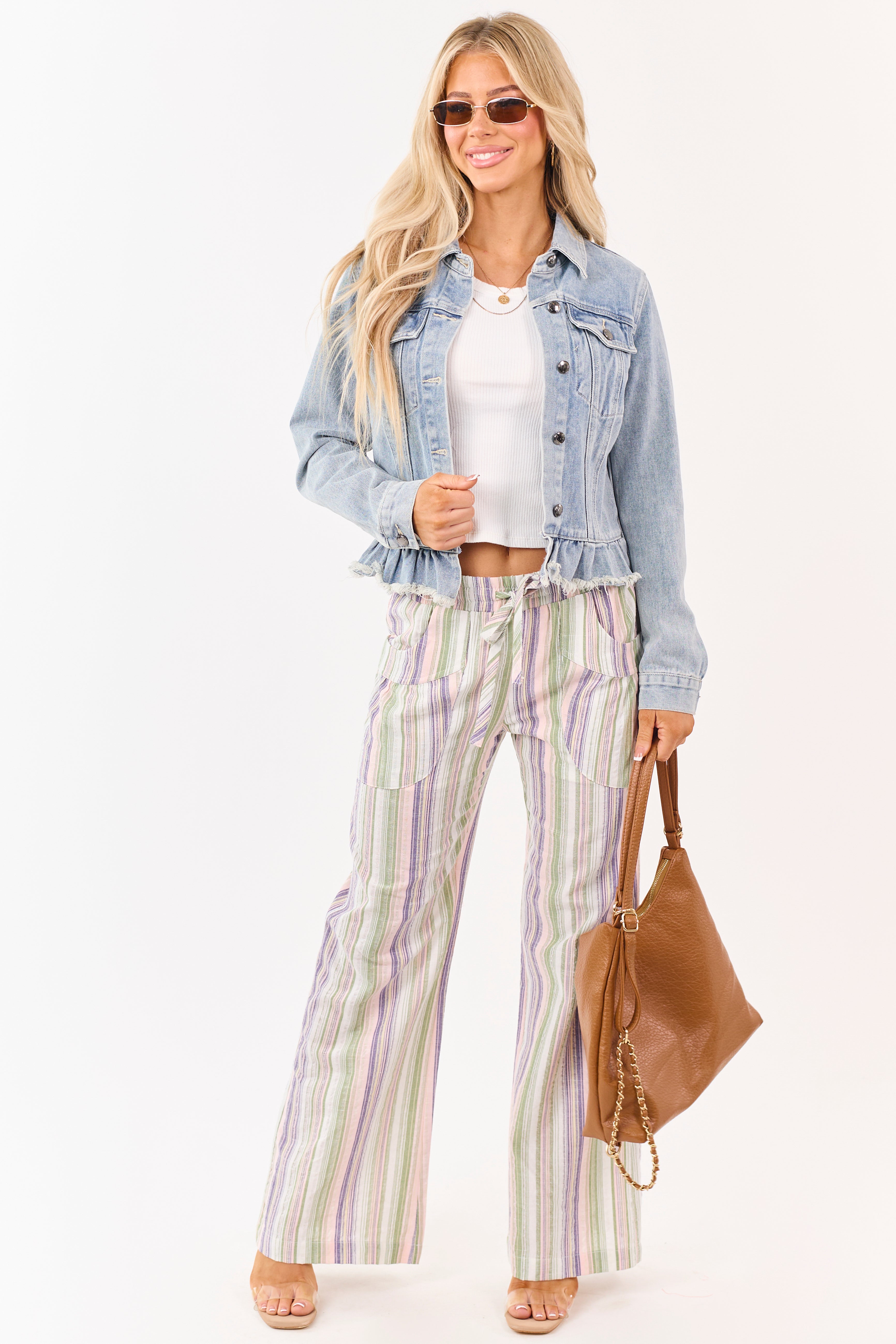 Pistachio Cotton Striped Elastic Waist Wide Leg Pants
