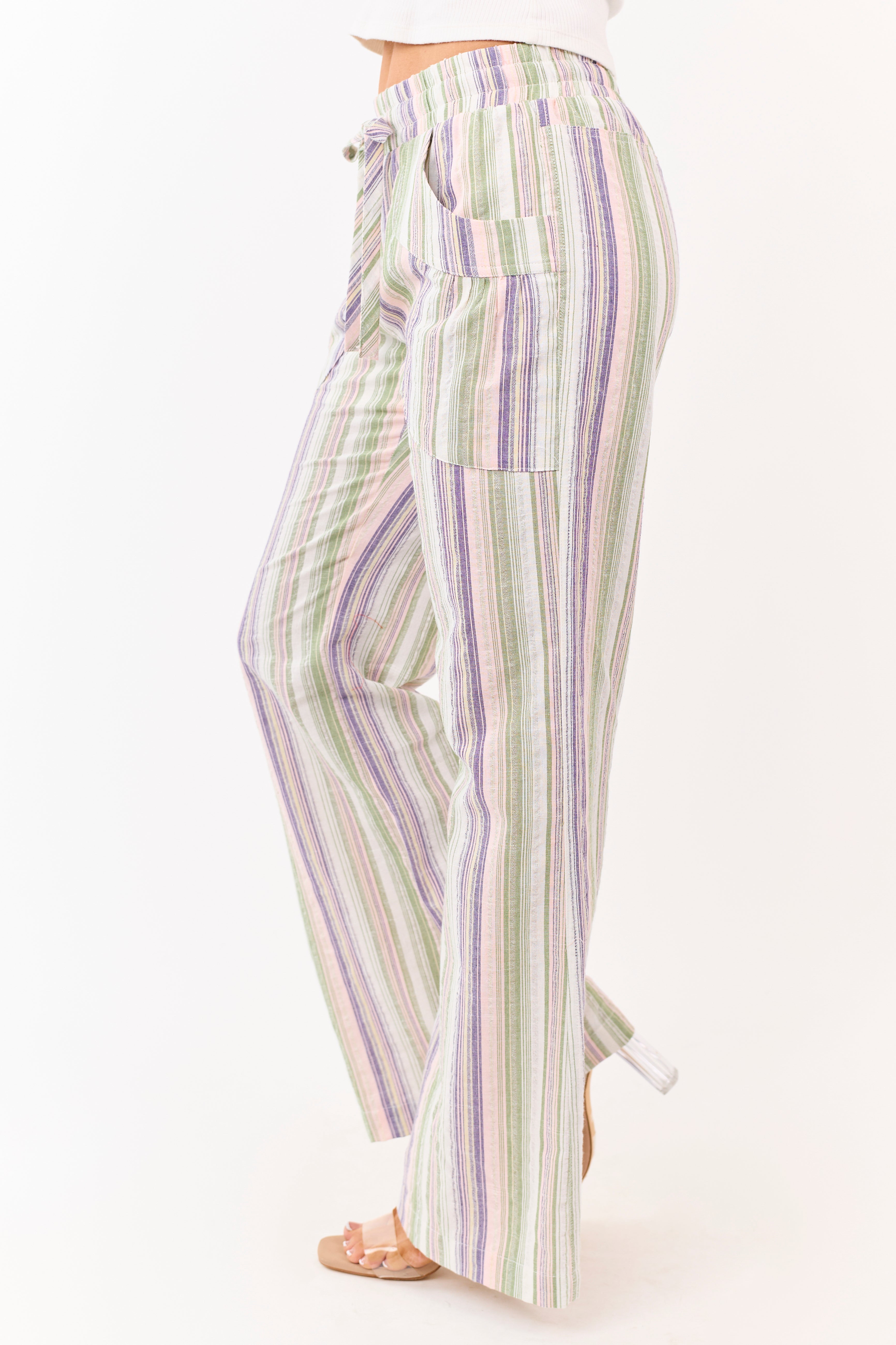 Pistachio Cotton Striped Elastic Waist Wide Leg Pants
