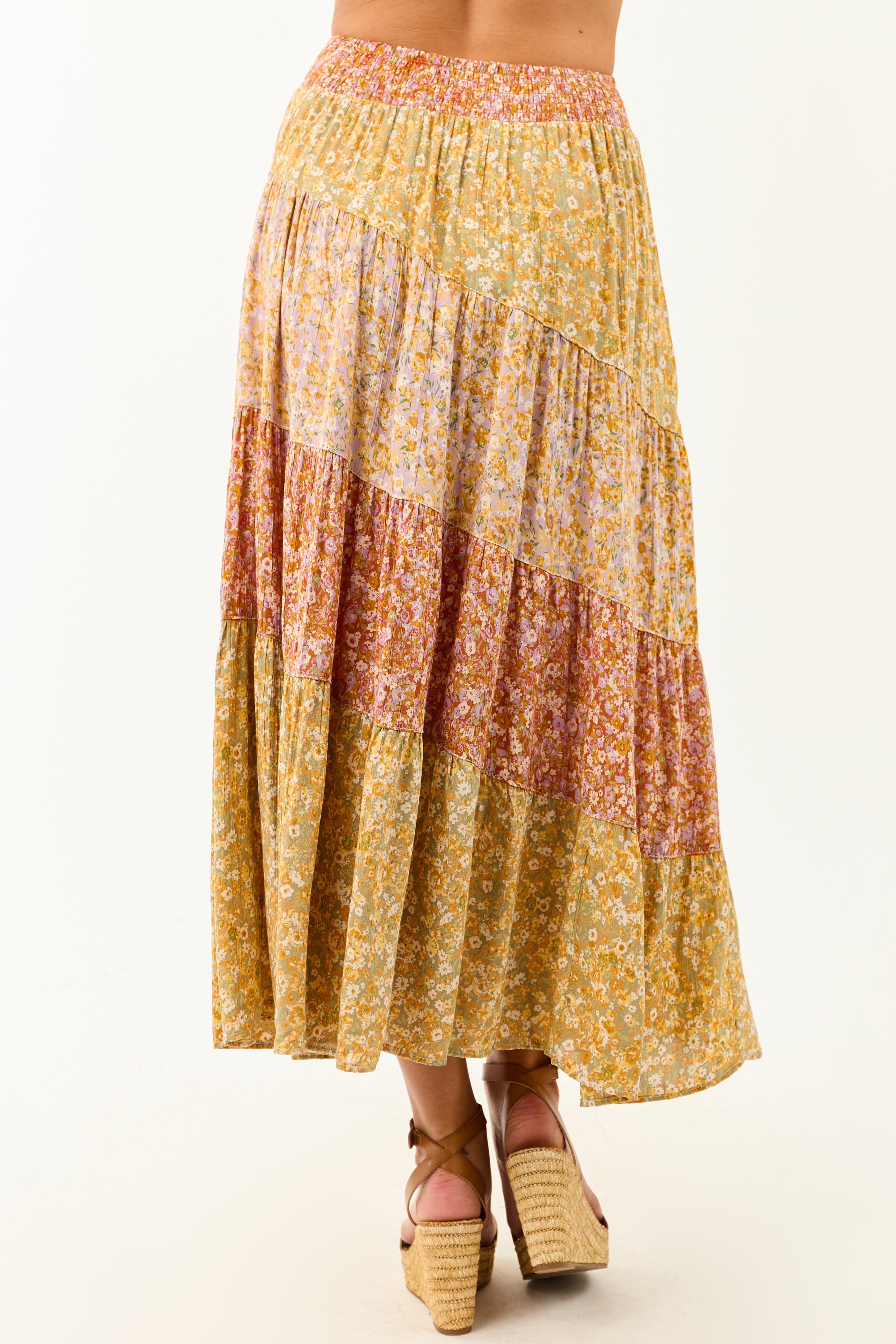 Pistachio Floral Colorblock Smocked Waist Maxi Skirt