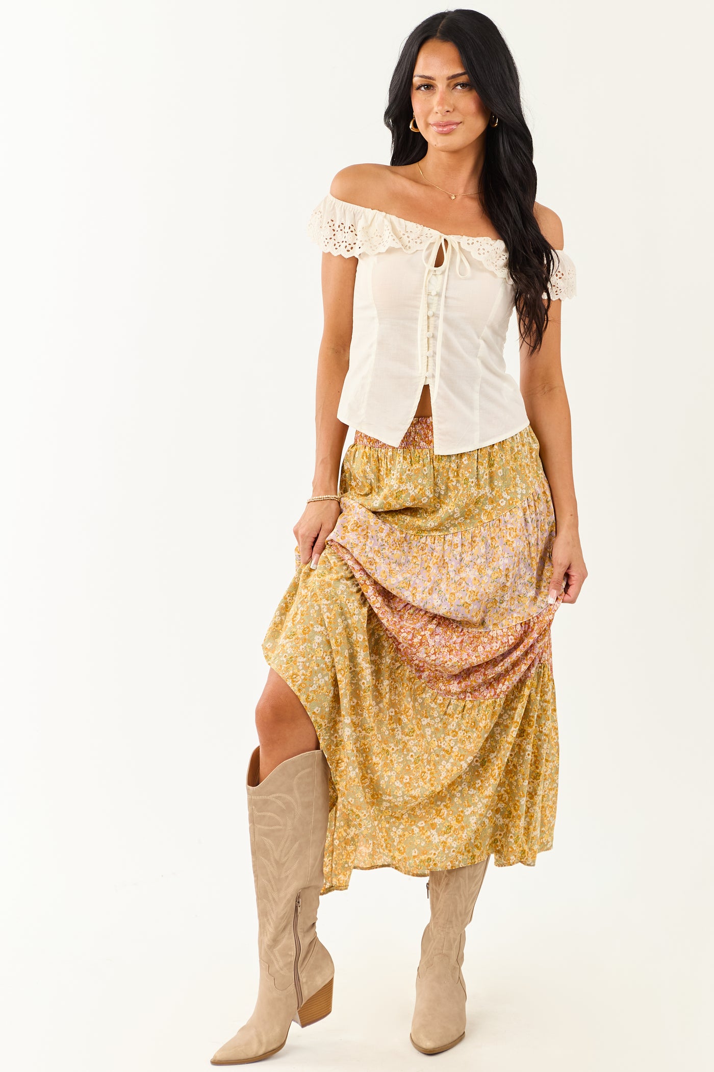 Pistachio Floral Colorblock Smocked Waist Maxi Skirt
