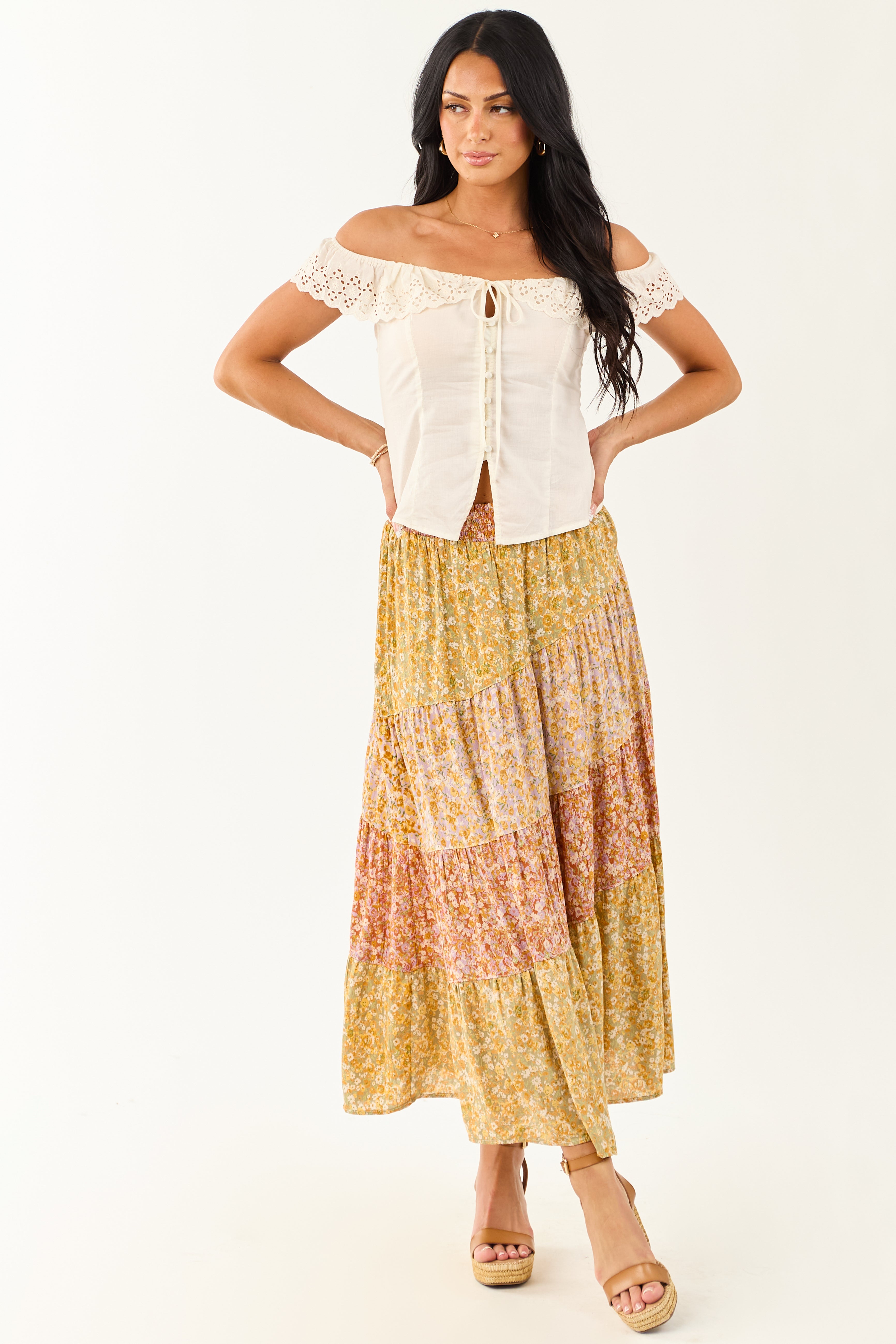 Pistachio Floral Colorblock Smocked Waist Maxi Skirt