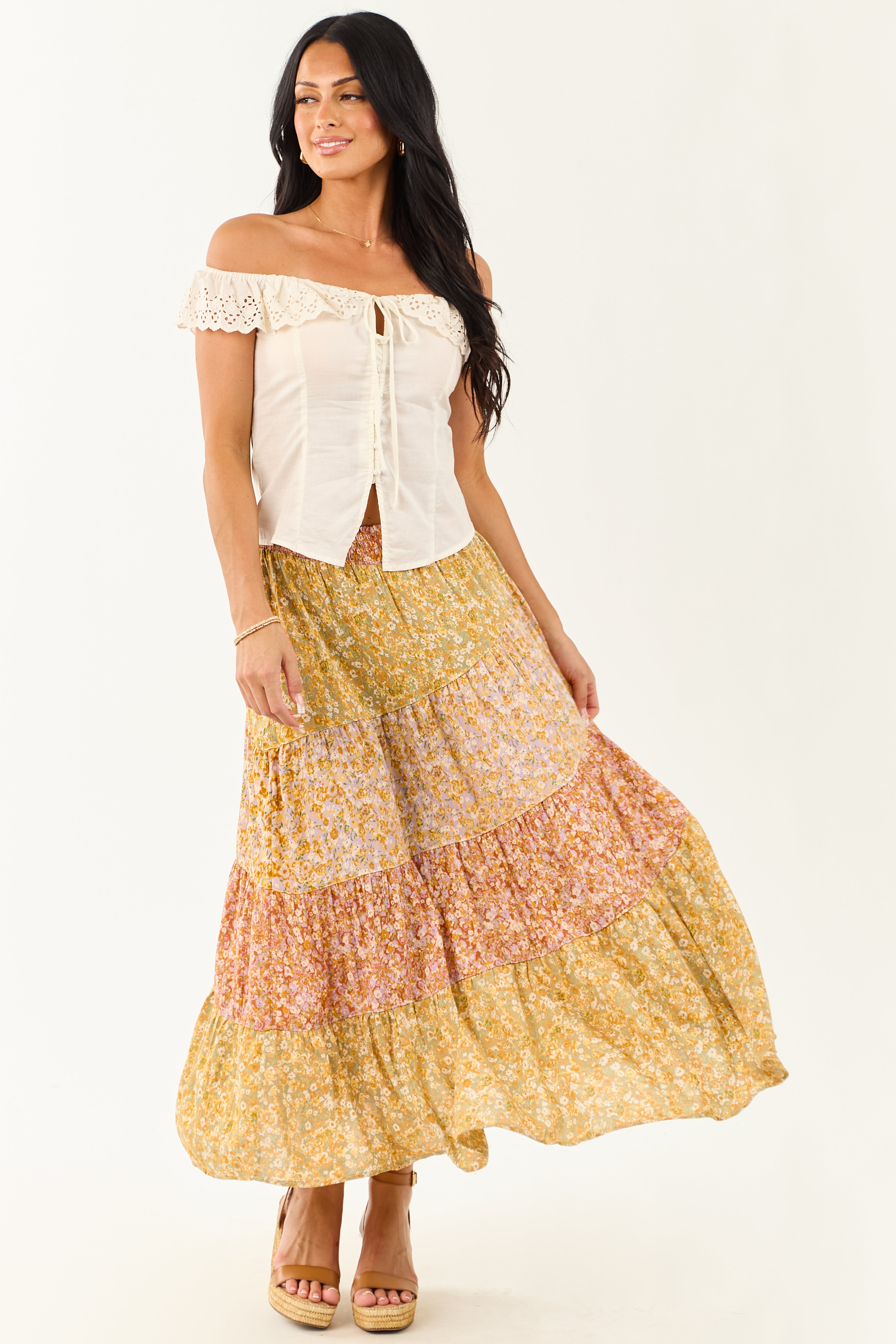 Pistachio Floral Colorblock Smocked Waist Maxi Skirt