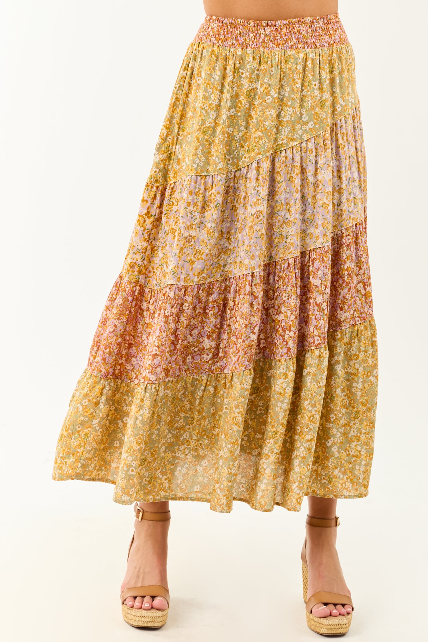 Pistachio Floral Colorblock Smocked Waist Maxi Skirt