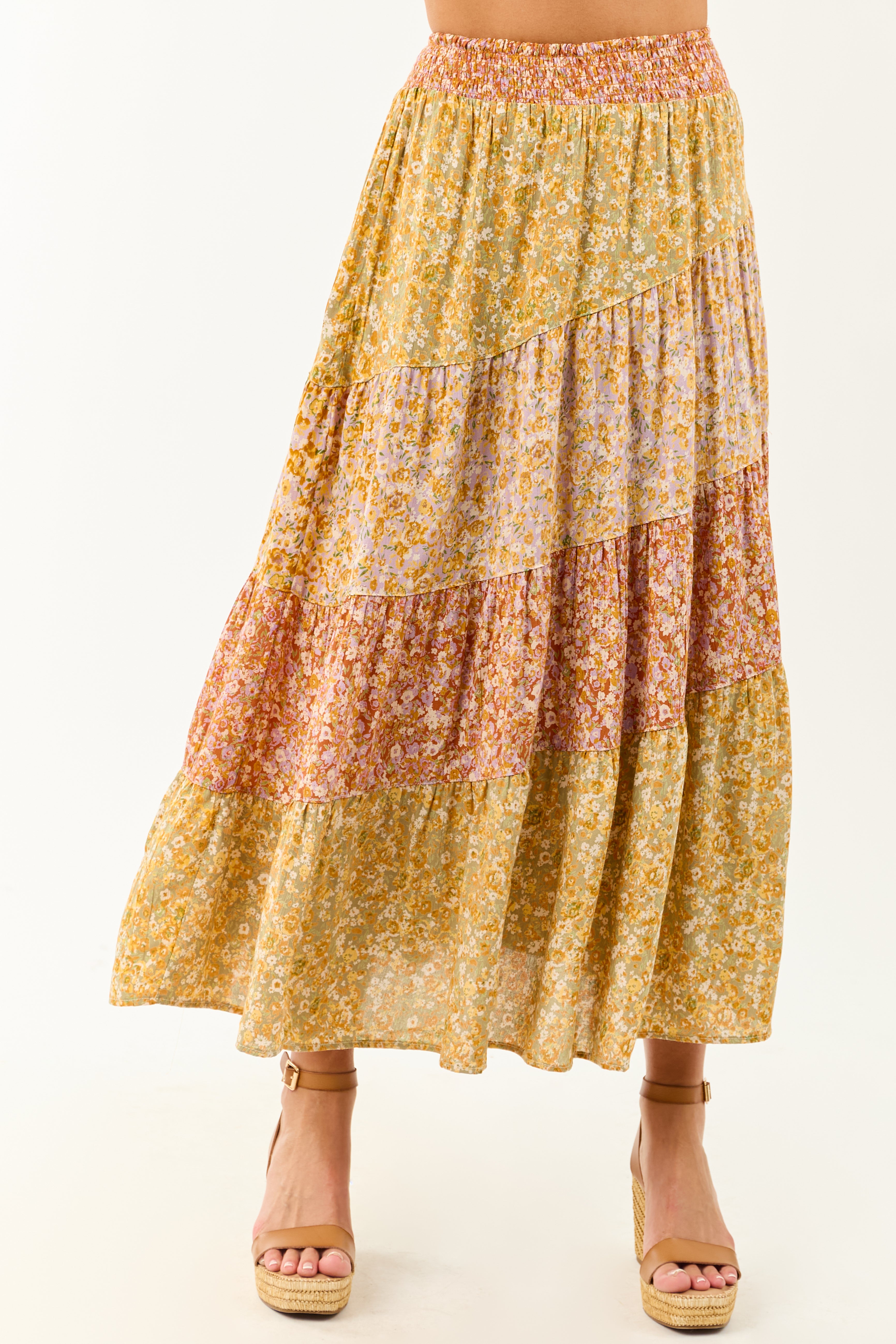 Pistachio Floral Colorblock Smocked Waist Maxi Skirt