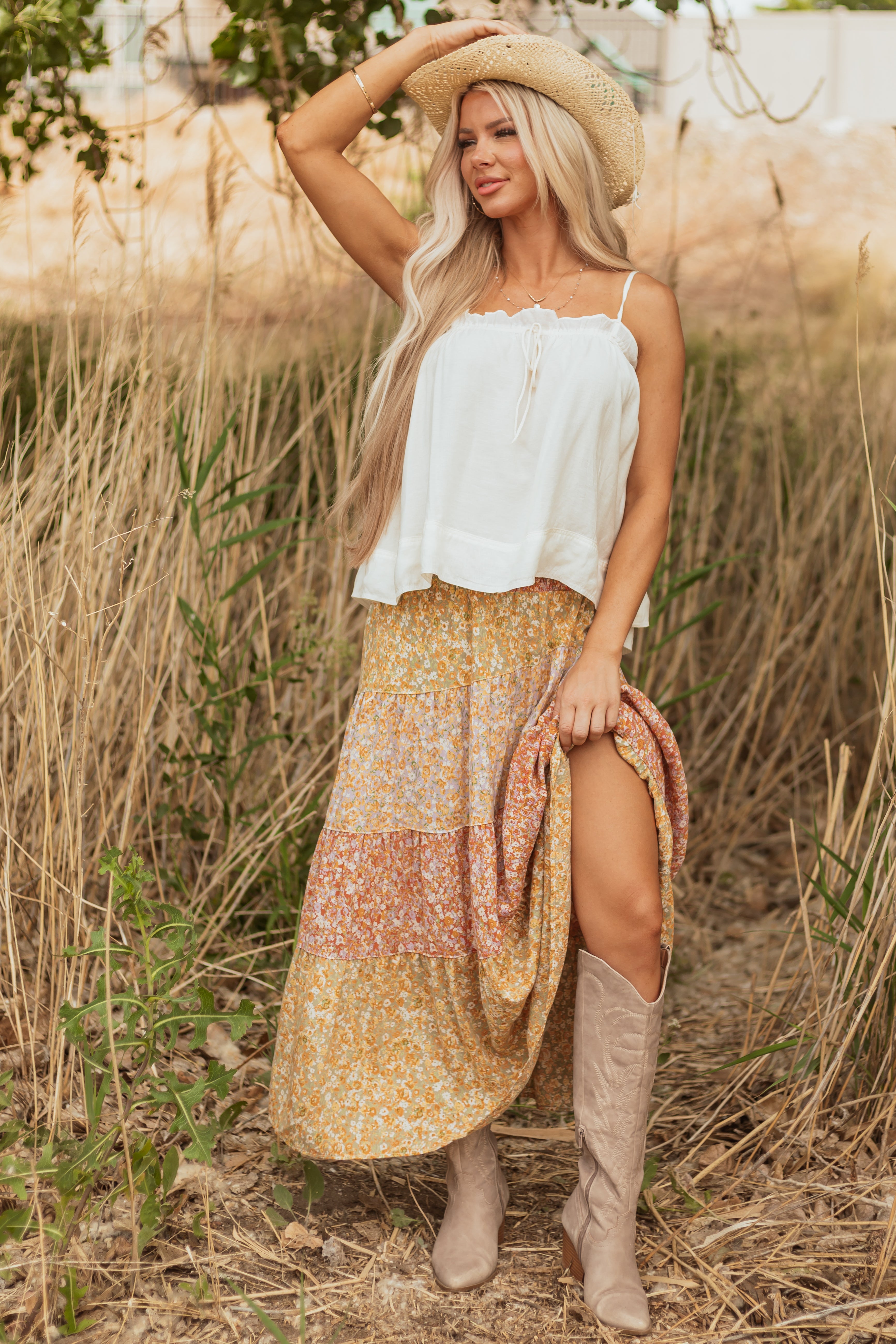 Pistachio Floral Colorblock Smocked Waist Maxi Skirt
