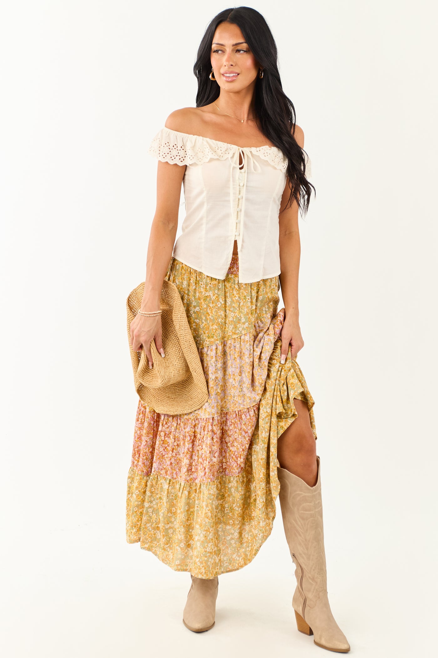 Pistachio Floral Colorblock Smocked Waist Maxi Skirt