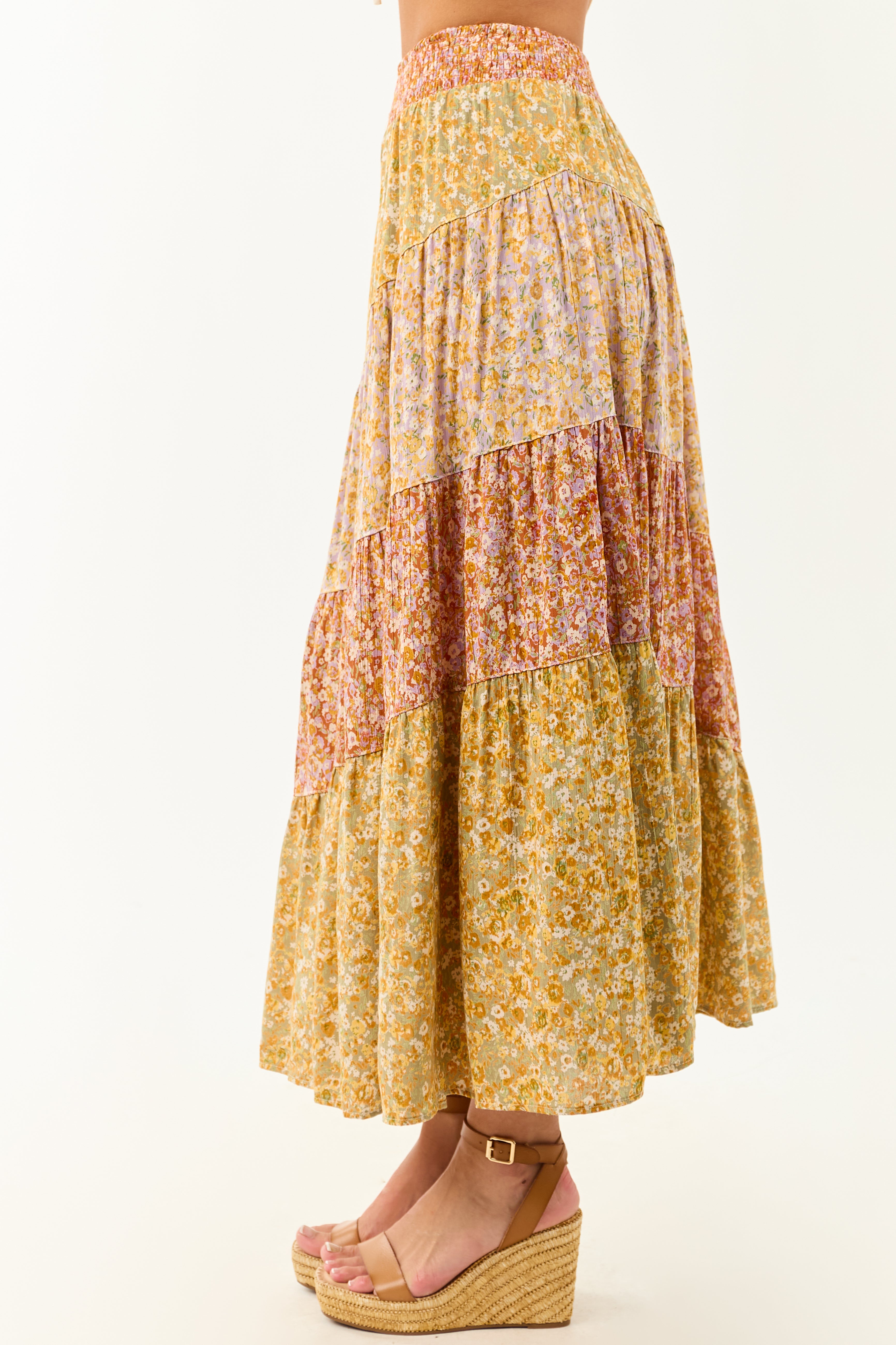 Pistachio Floral Colorblock Smocked Waist Maxi Skirt