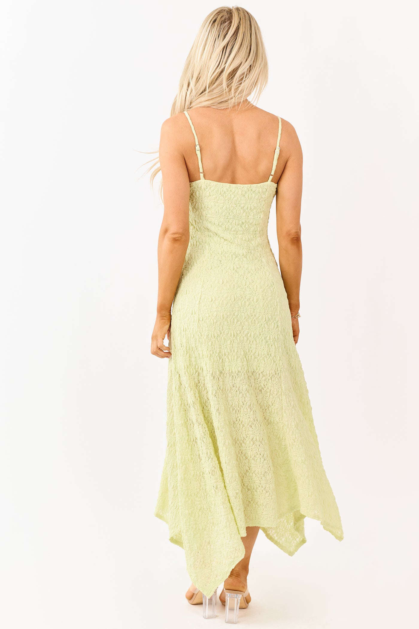 Pistachio Floral Lace Handkerchief Hem Midi Dress