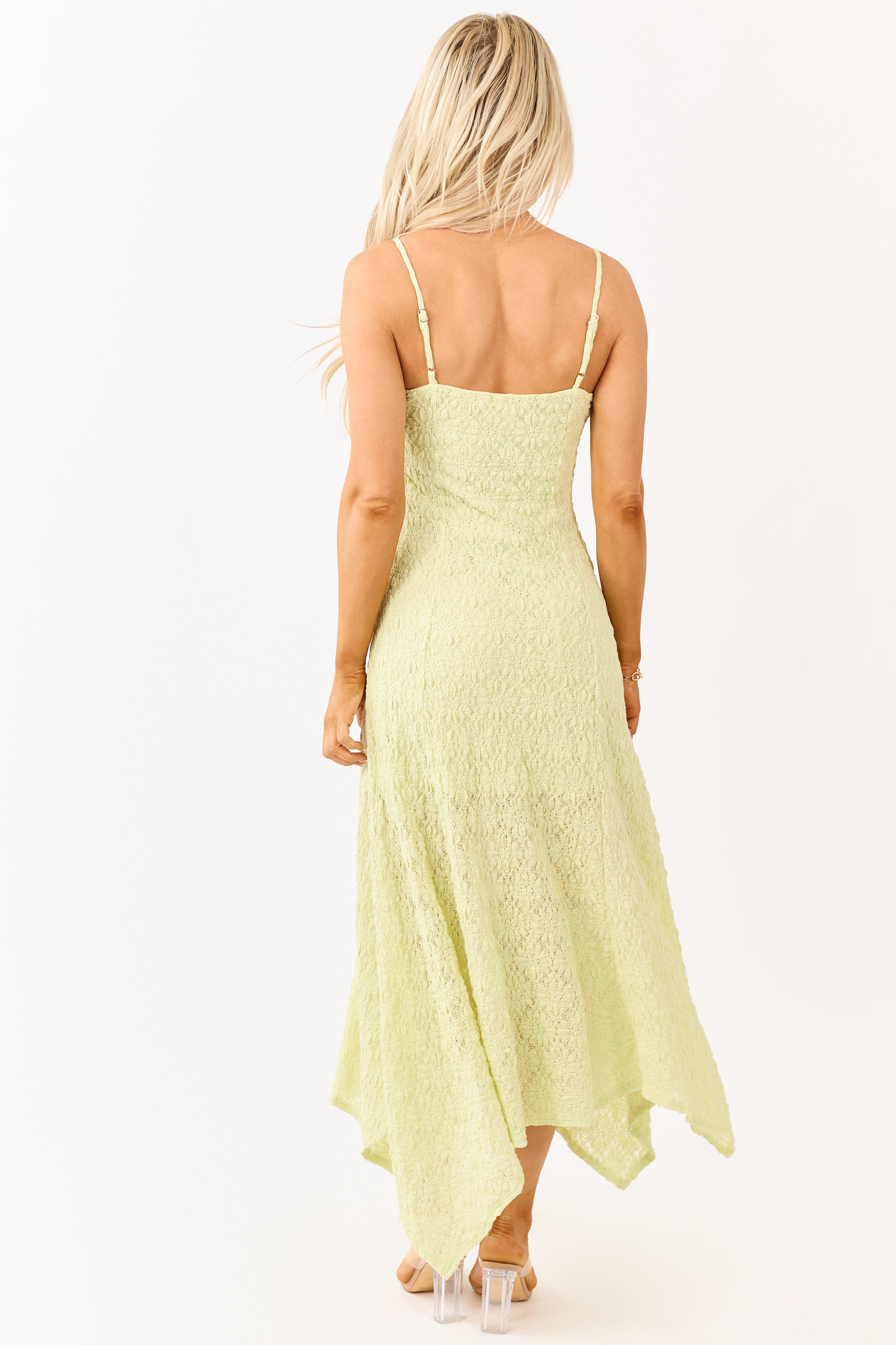 Pistachio Floral Lace Handkerchief Hem Midi Dress