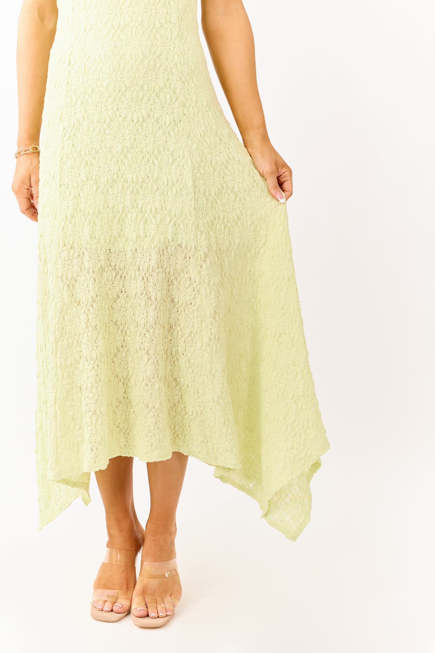Pistachio Floral Lace Handkerchief Hem Midi Dress