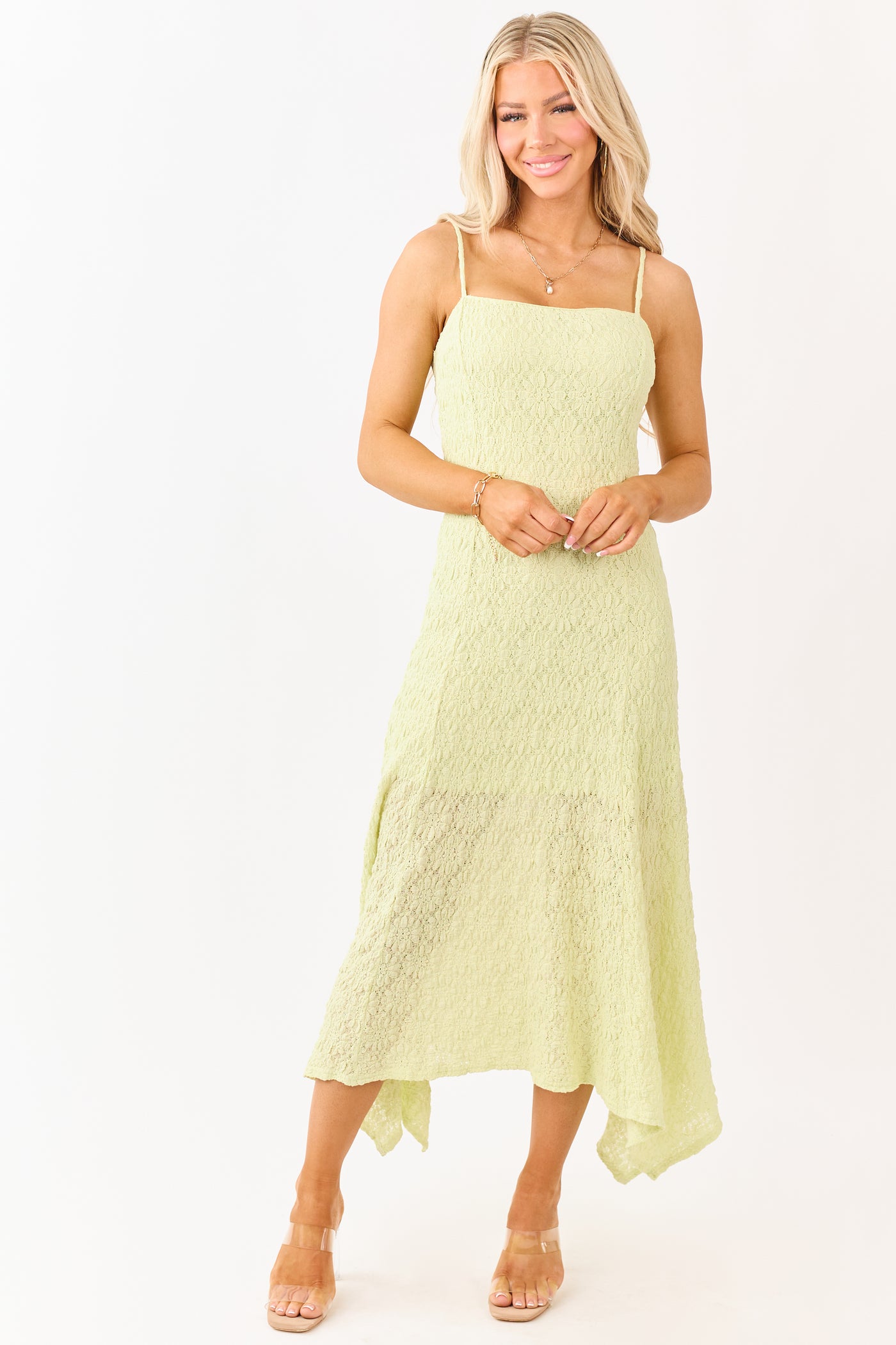 Pistachio Floral Lace Handkerchief Hem Midi Dress