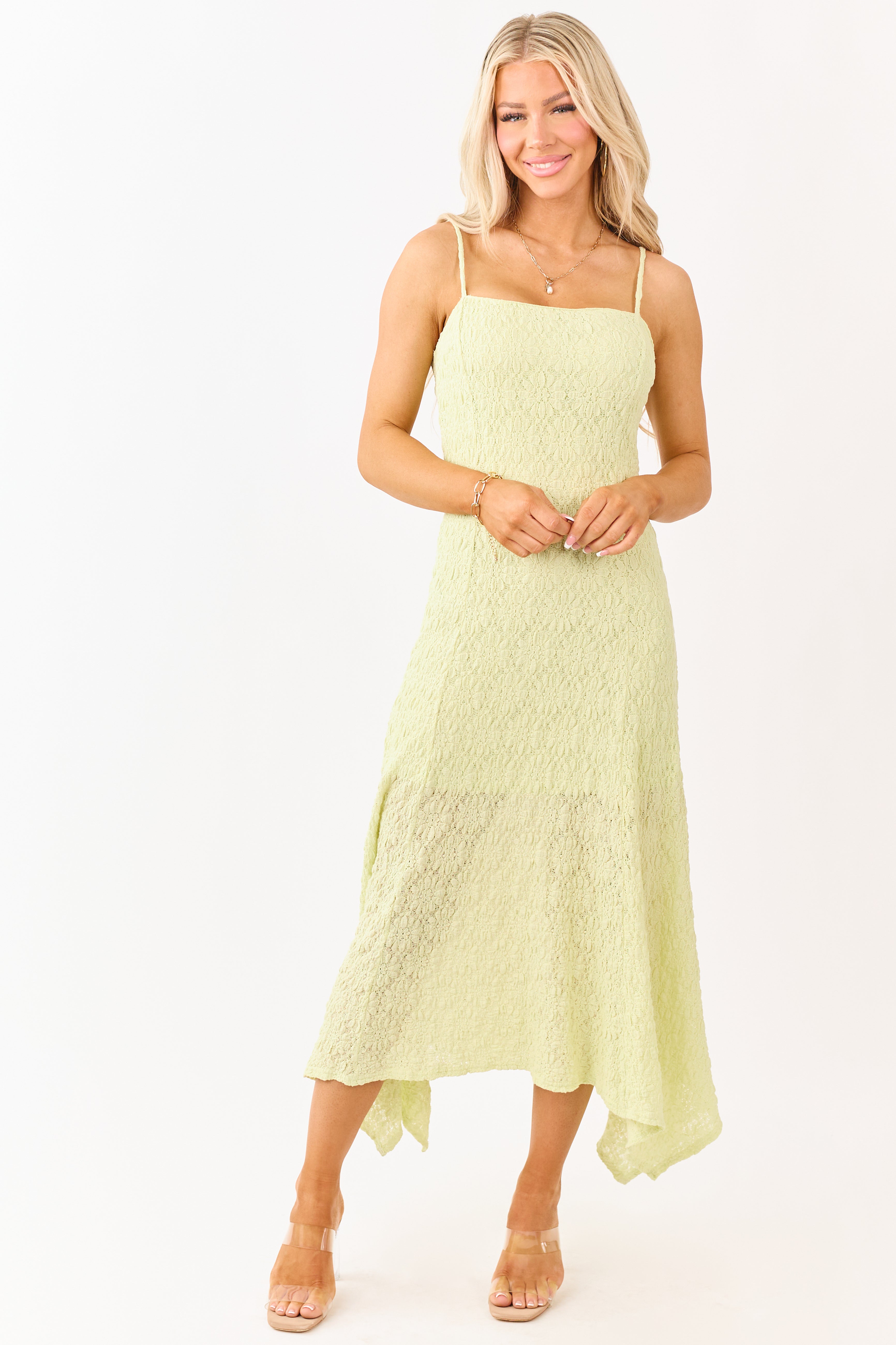 Pistachio Floral Lace Handkerchief Hem Midi Dress