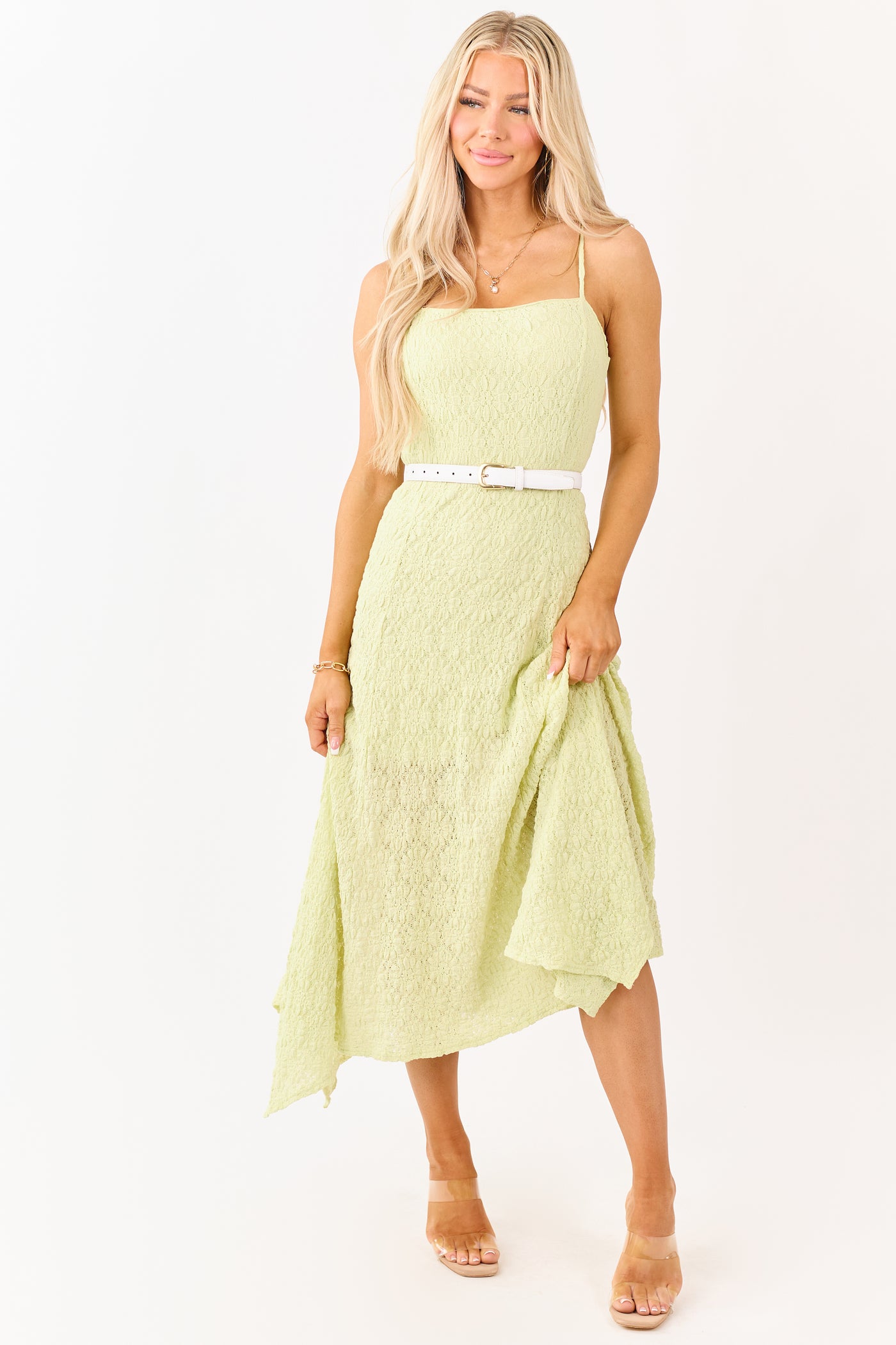 Pistachio Floral Lace Handkerchief Hem Midi Dress