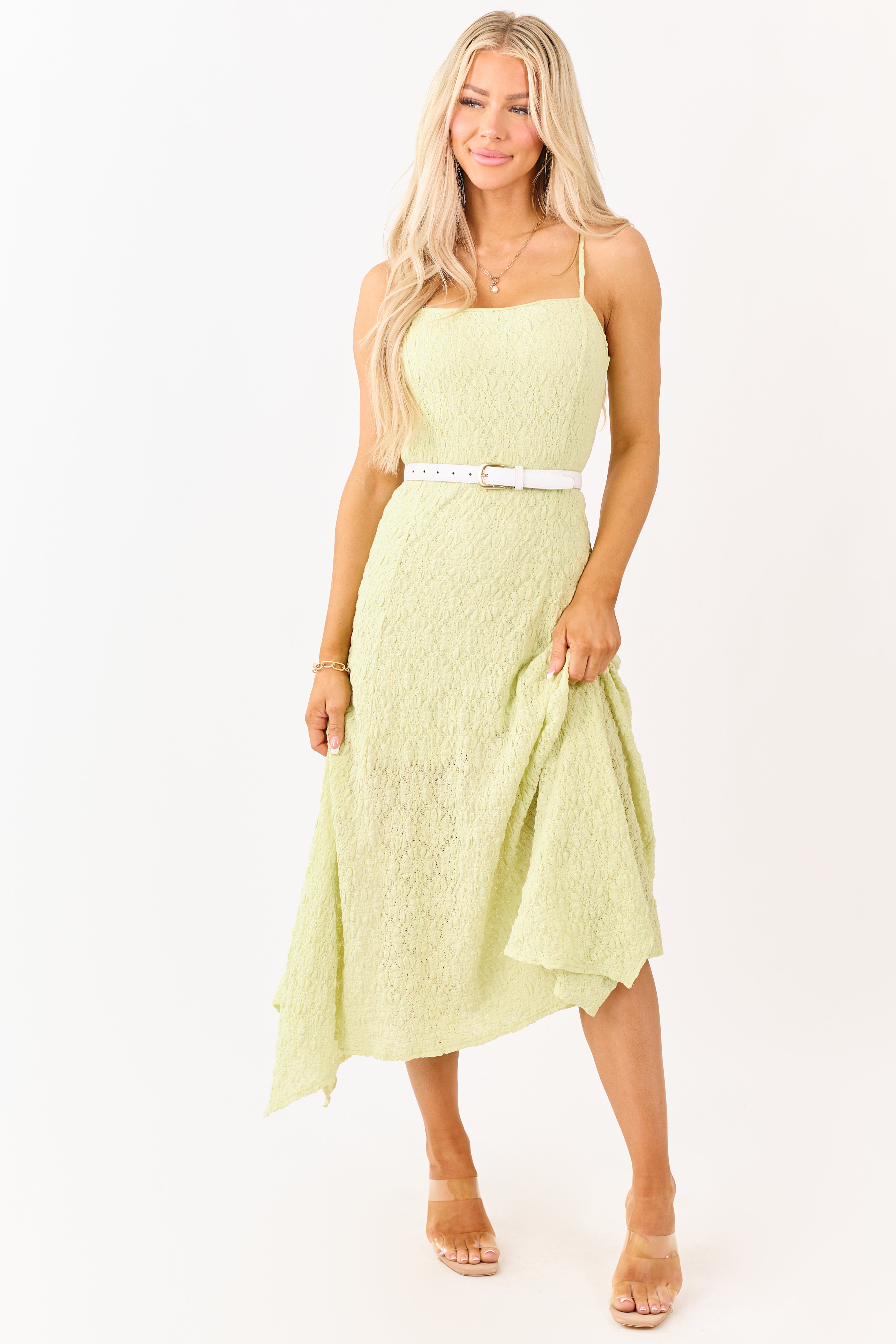Pistachio Floral Lace Handkerchief Hem Midi Dress