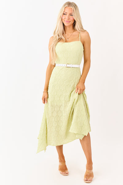 Pistachio Floral Lace Handkerchief Hem Midi Dress