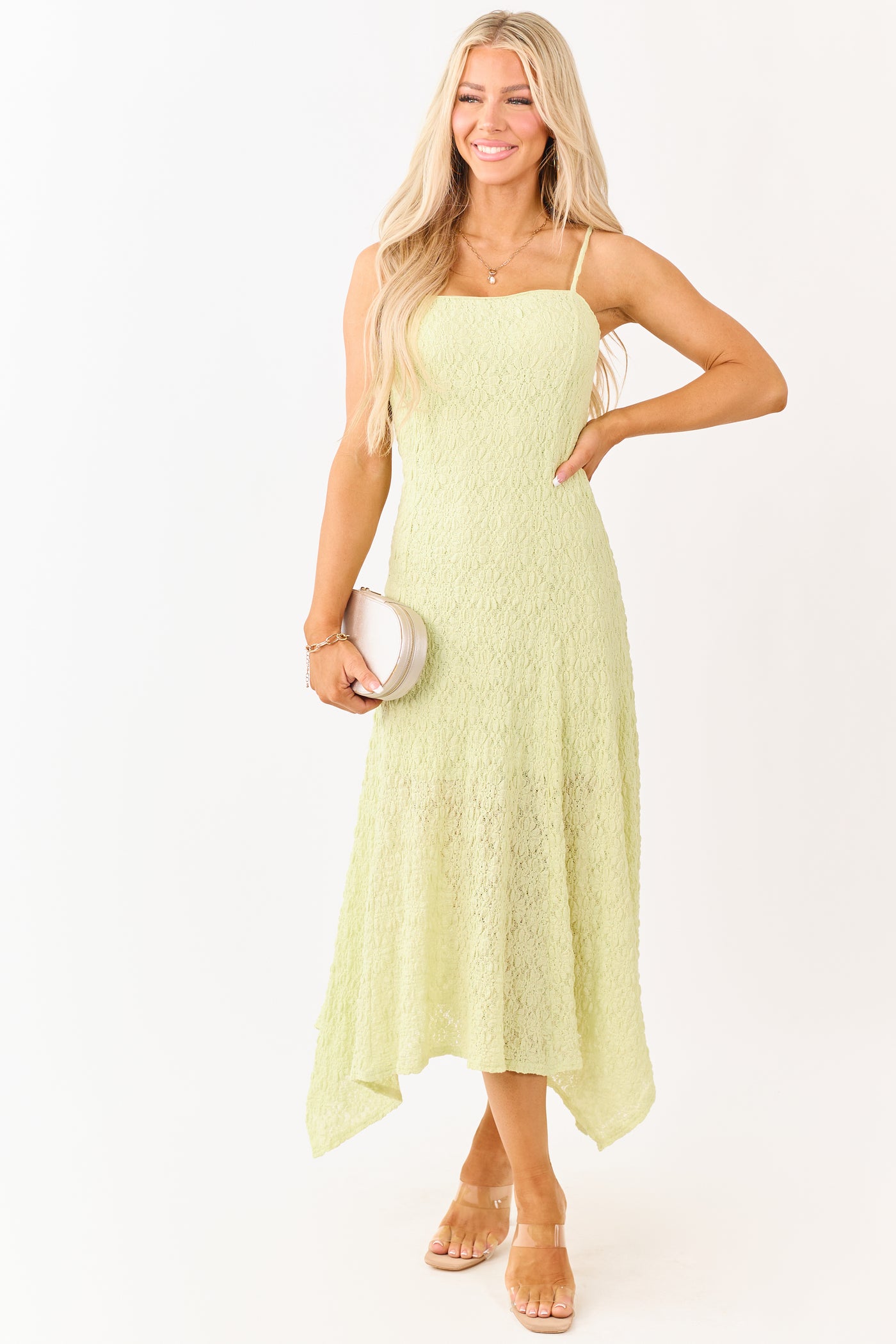 Pistachio Floral Lace Handkerchief Hem Midi Dress