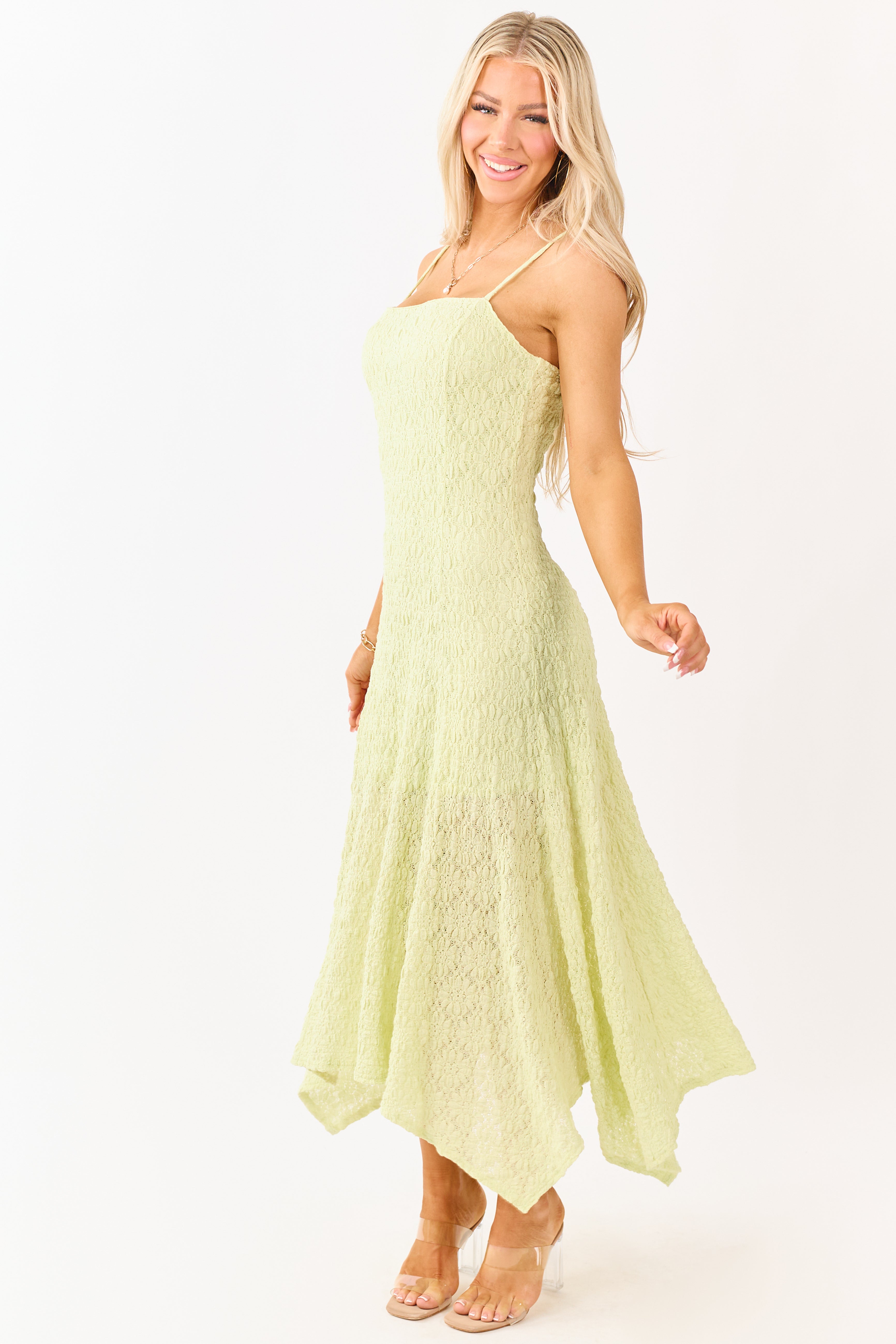 Pistachio Floral Lace Handkerchief Hem Midi Dress