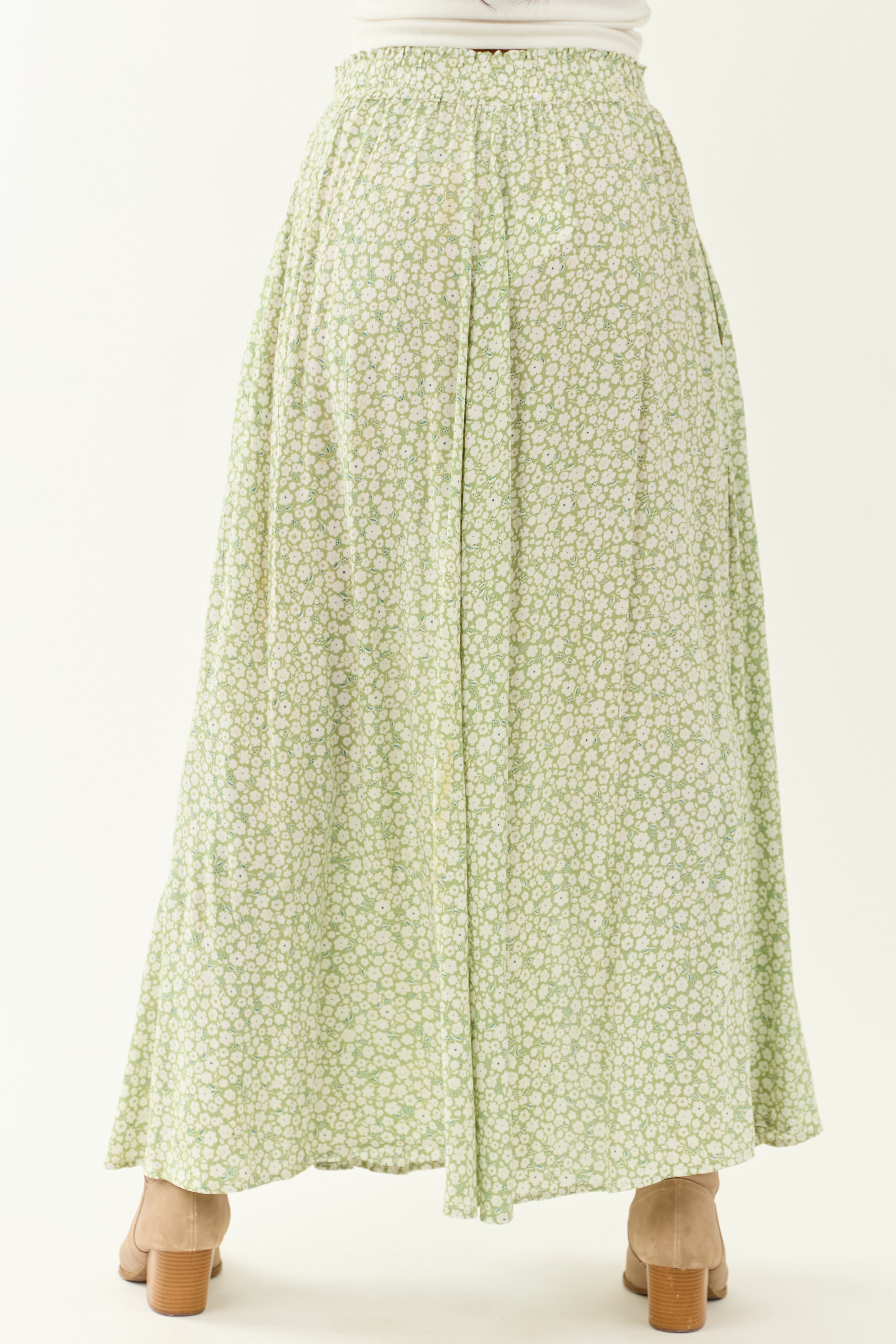 Pistachio Floral Print Smocked Maxi Skirt