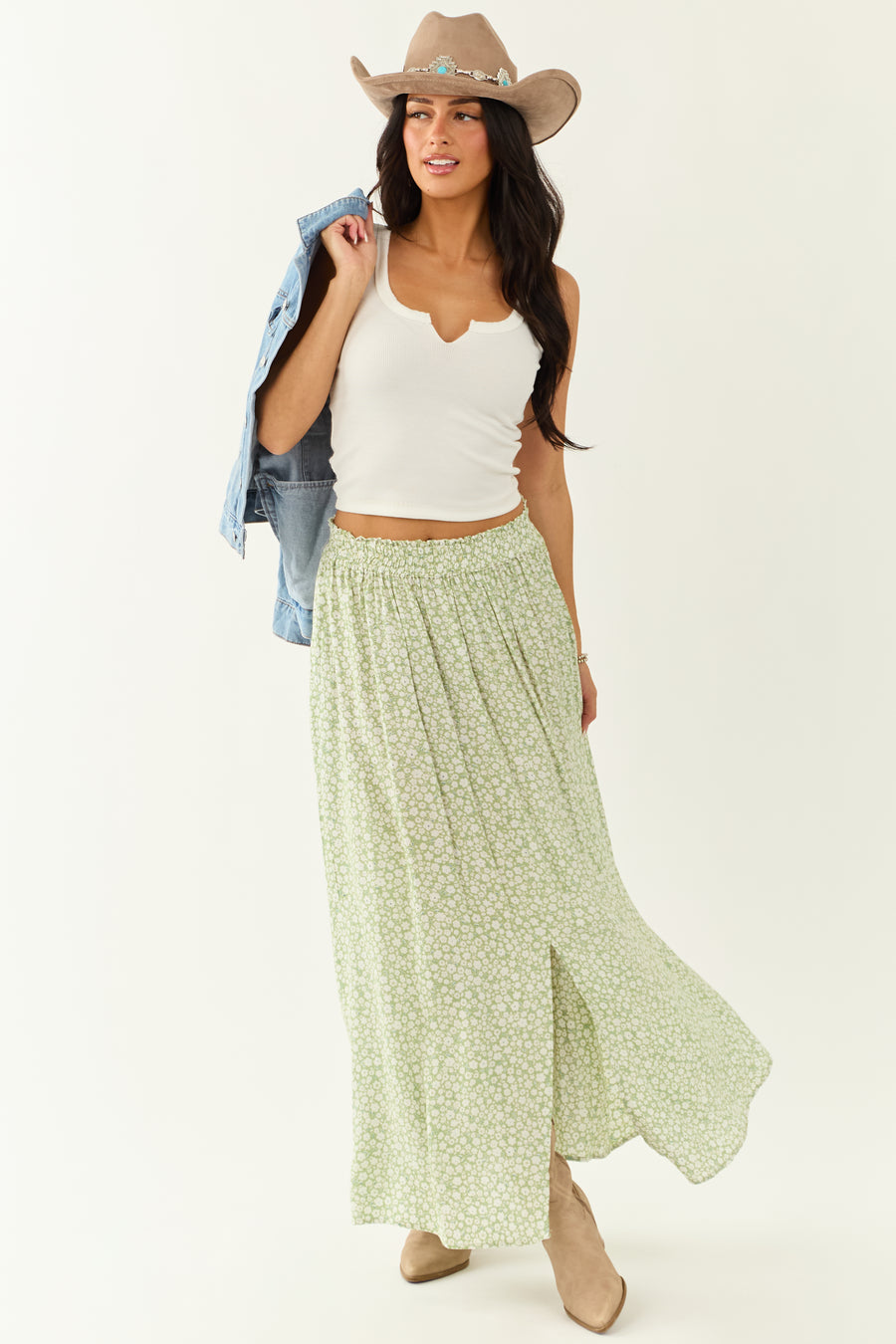 Pistachio Floral Print Smocked Maxi Skirt