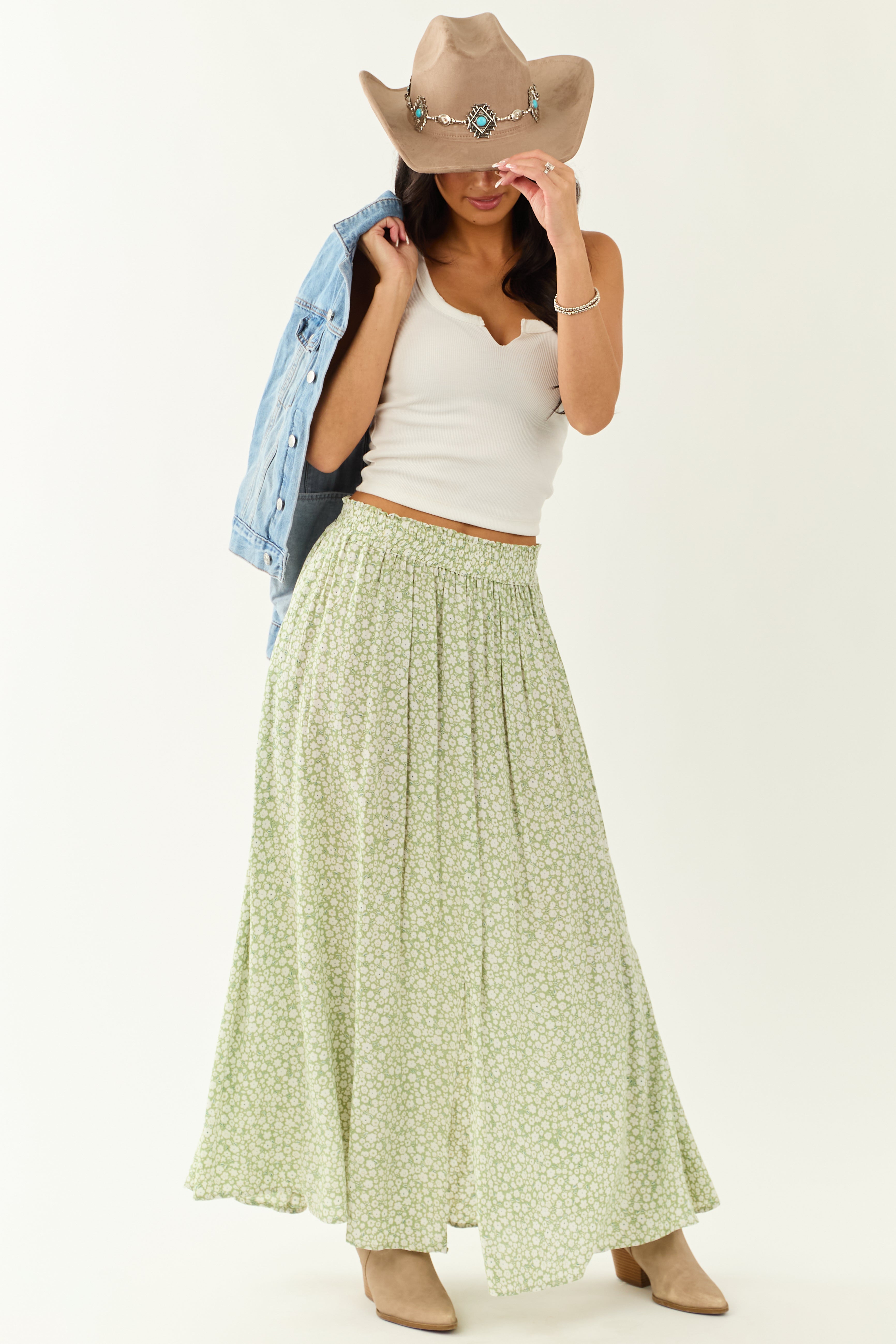 Pistachio Floral Print Smocked Maxi Skirt