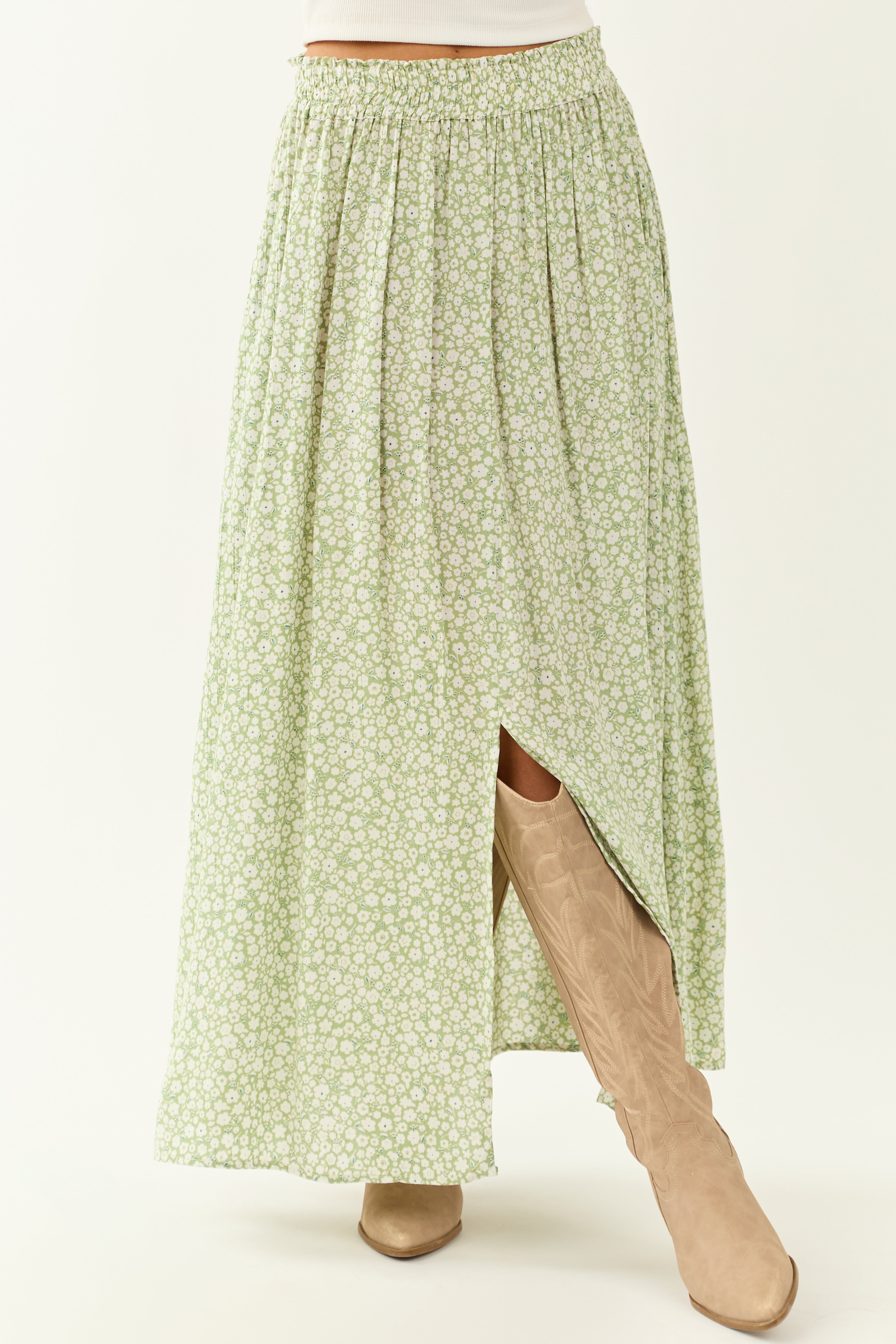 Pistachio Floral Print Smocked Maxi Skirt
