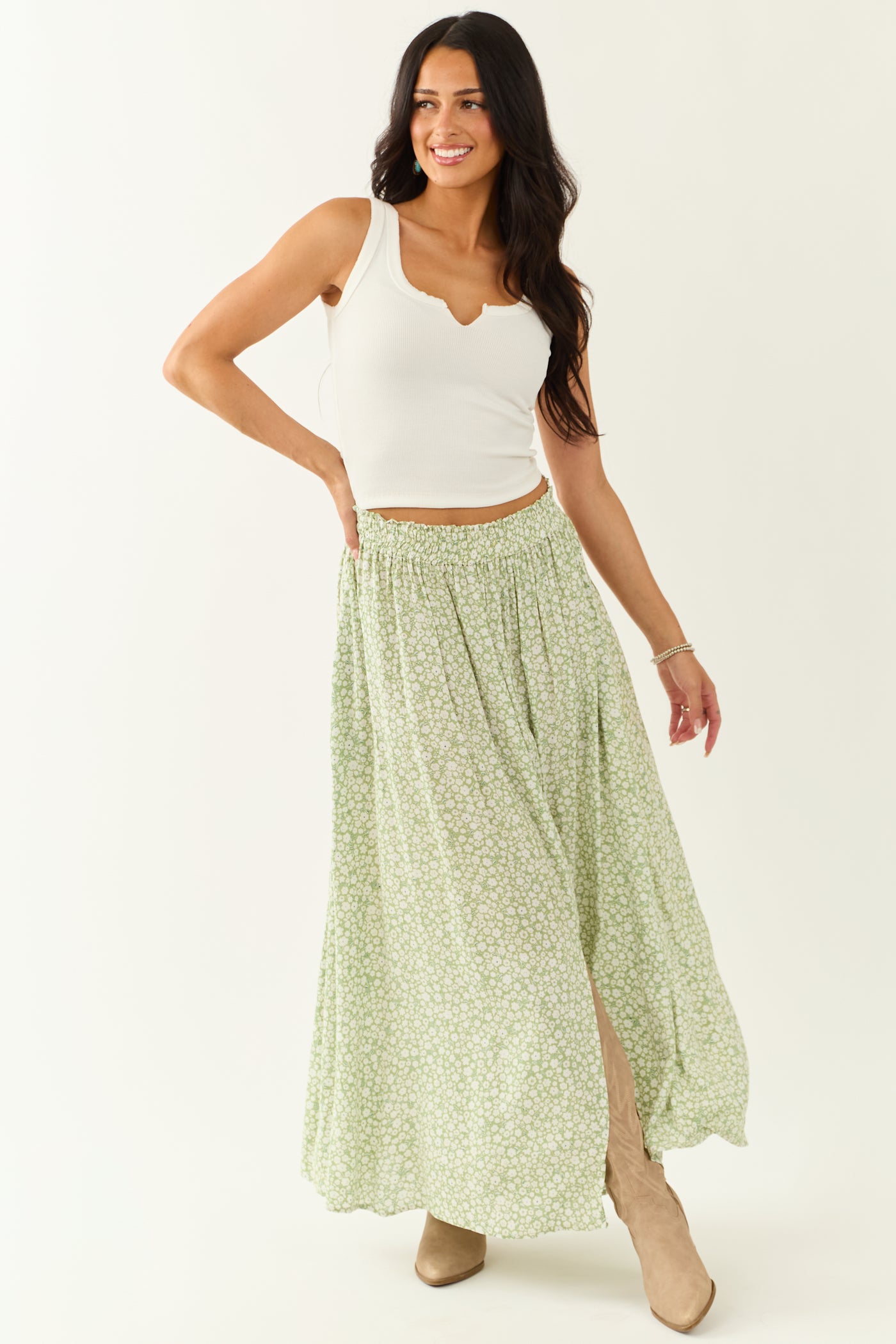 Pistachio Floral Print Smocked Maxi Skirt