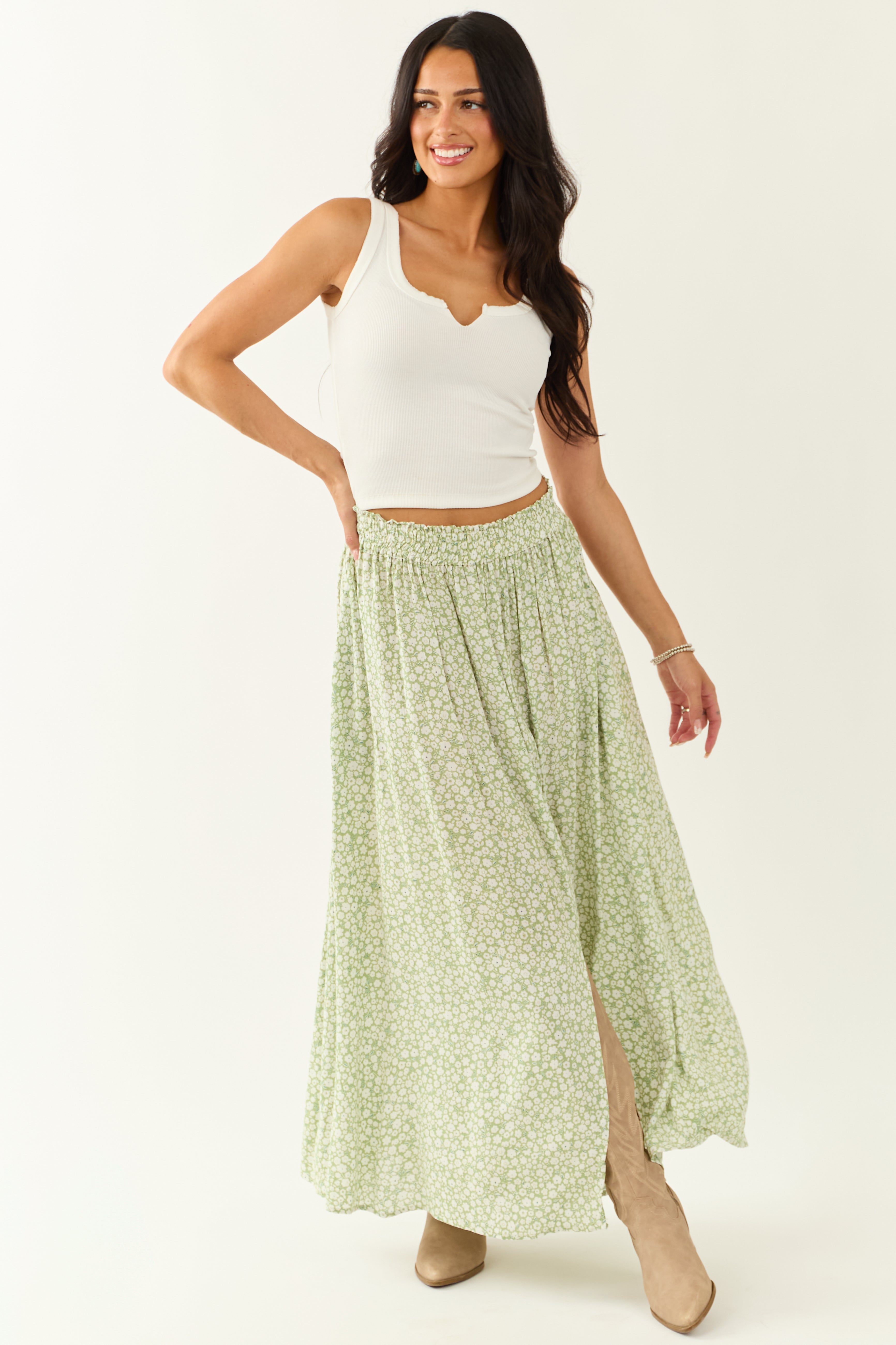 Pistachio Floral Print Smocked Maxi Skirt