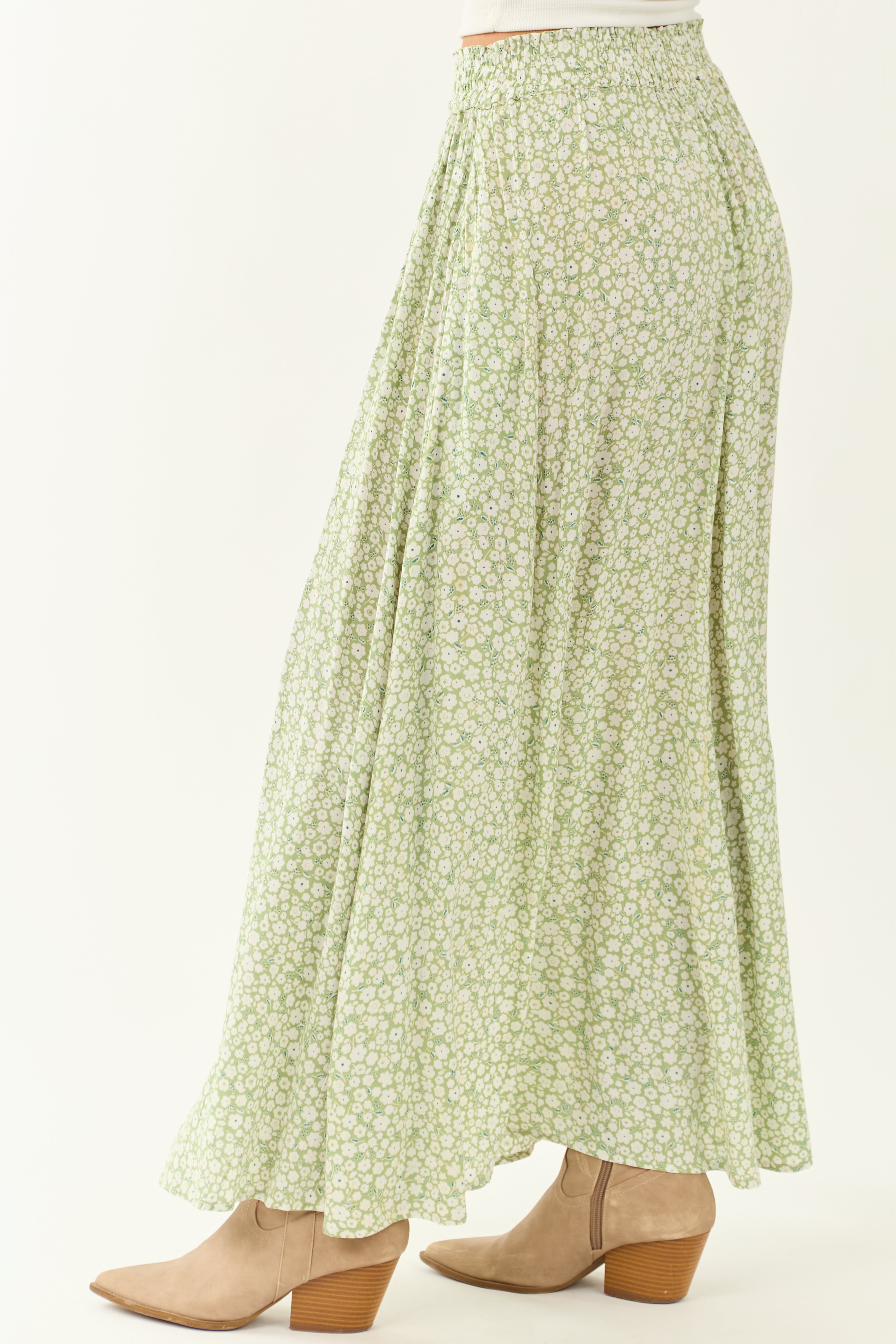 Pistachio Floral Print Smocked Maxi Skirt