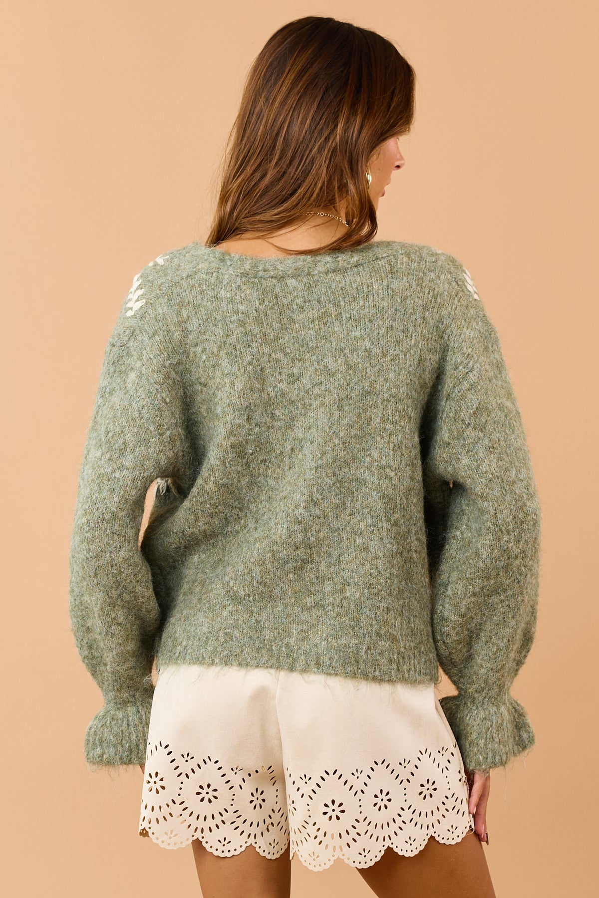 Pistachio Green Floral Embroidered Sweater Cardigan
