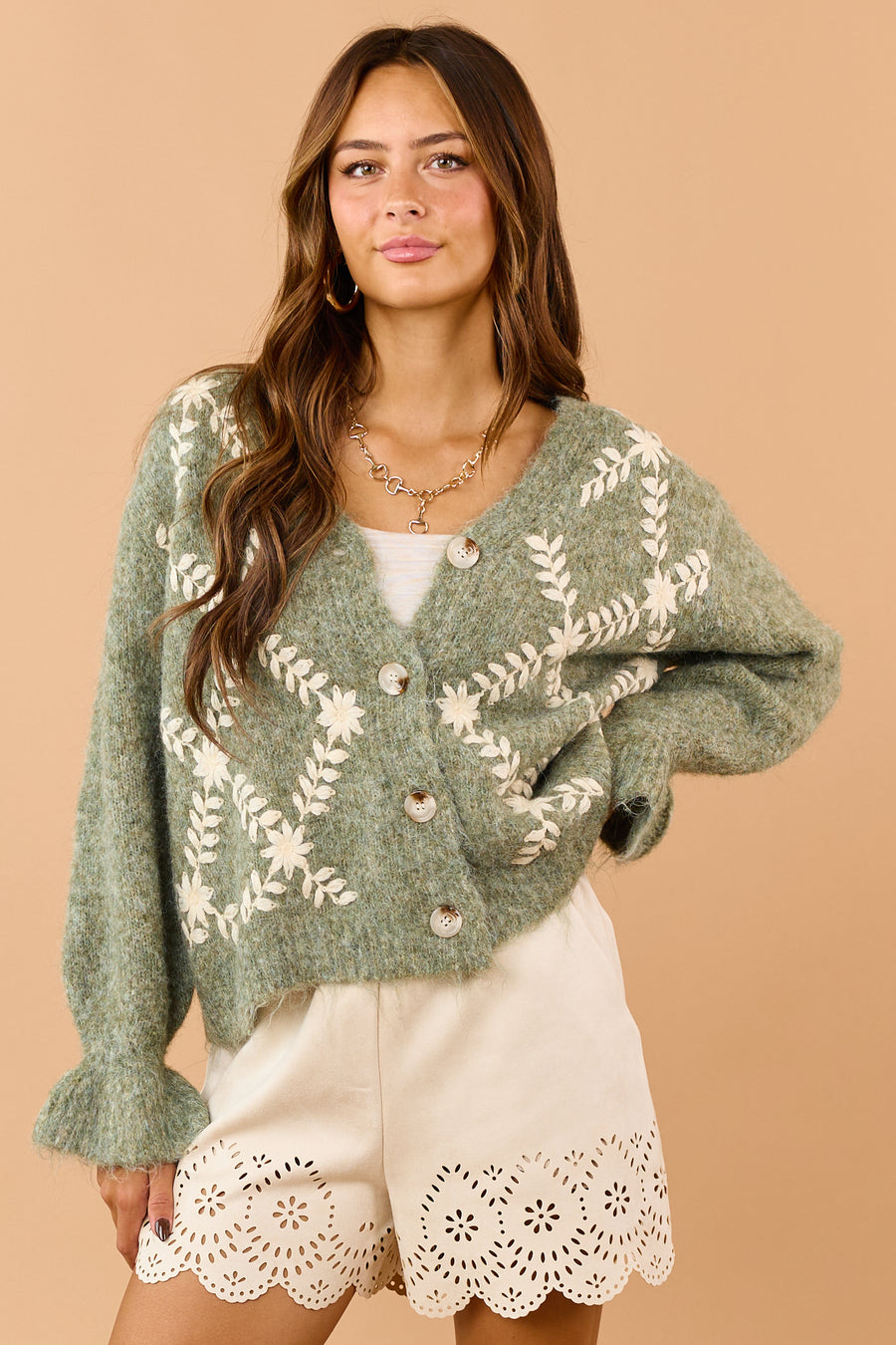 Pistachio Green Floral Embroidered Sweater Cardigan