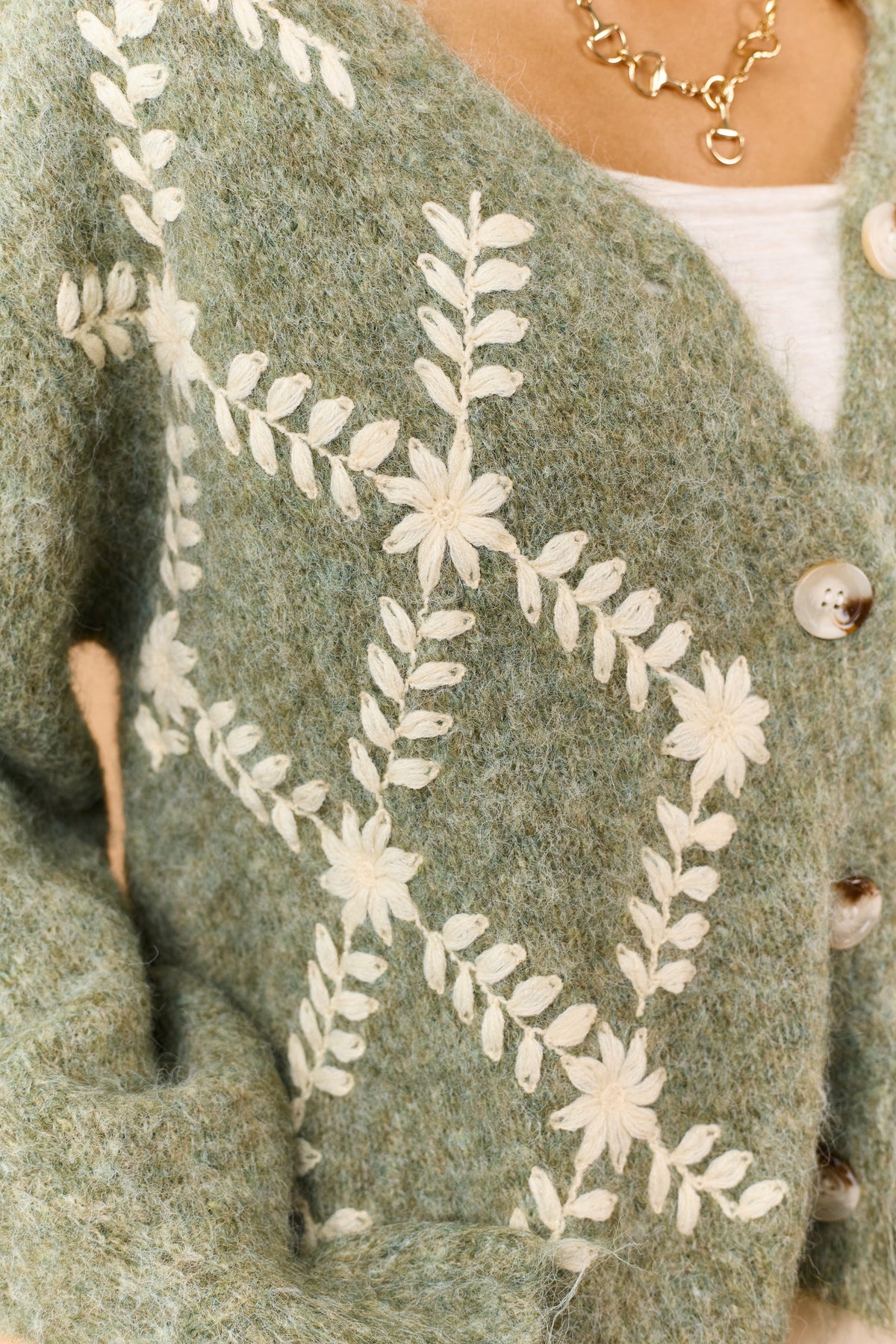 Pistachio Green Floral Embroidered Sweater Cardigan