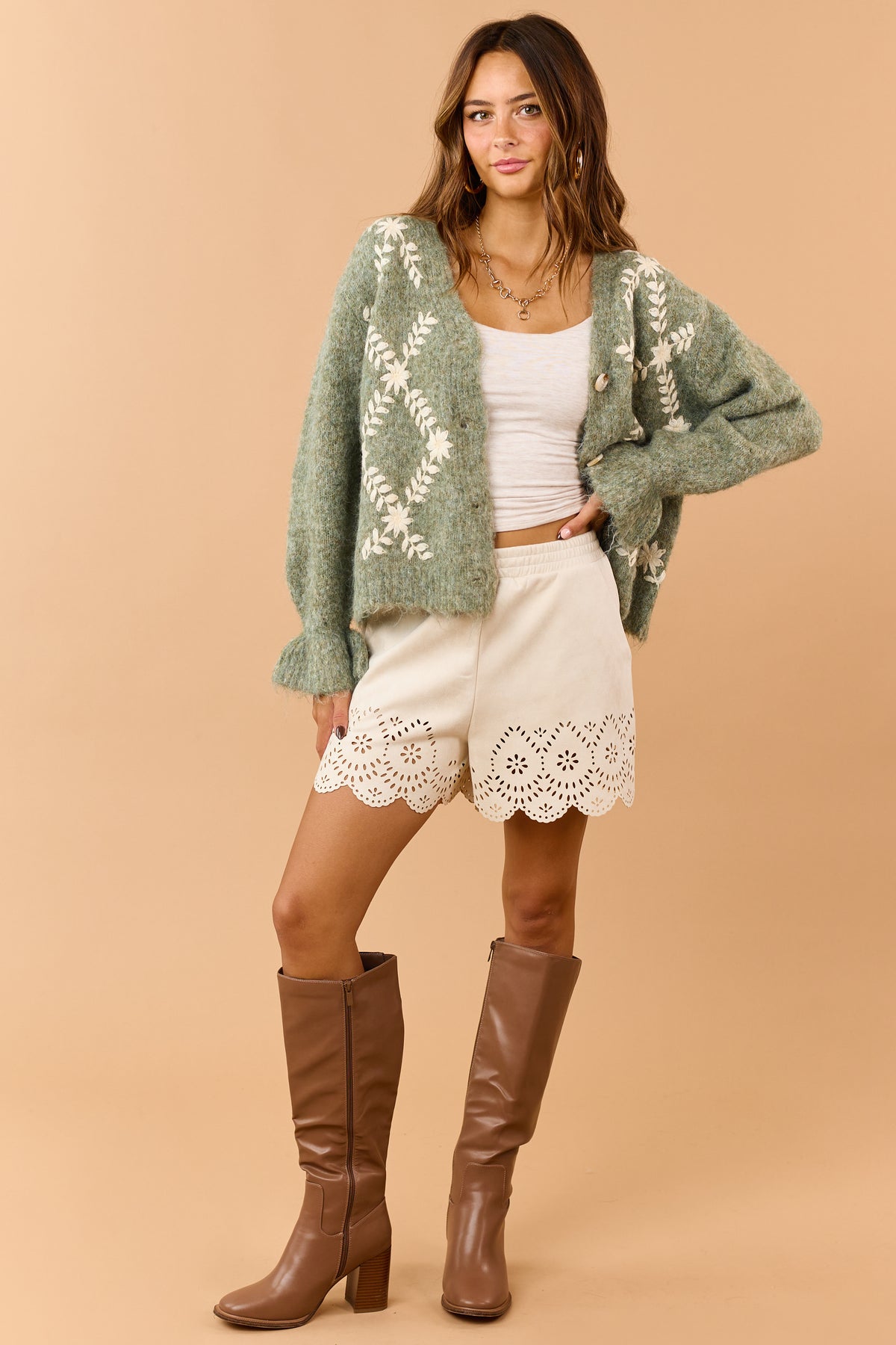 Pistachio Green Floral Embroidered Sweater Cardigan